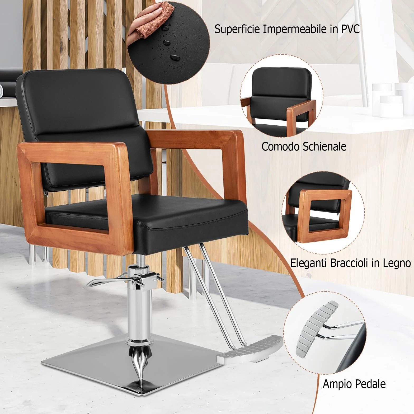 COSTWAY Poltrona da Barbiere, Sedia da Barbiere Girevole a 360°, Regolabile in Altezza 50-65 cm, con Braccioli in Legno Massello, Portata 250 kg