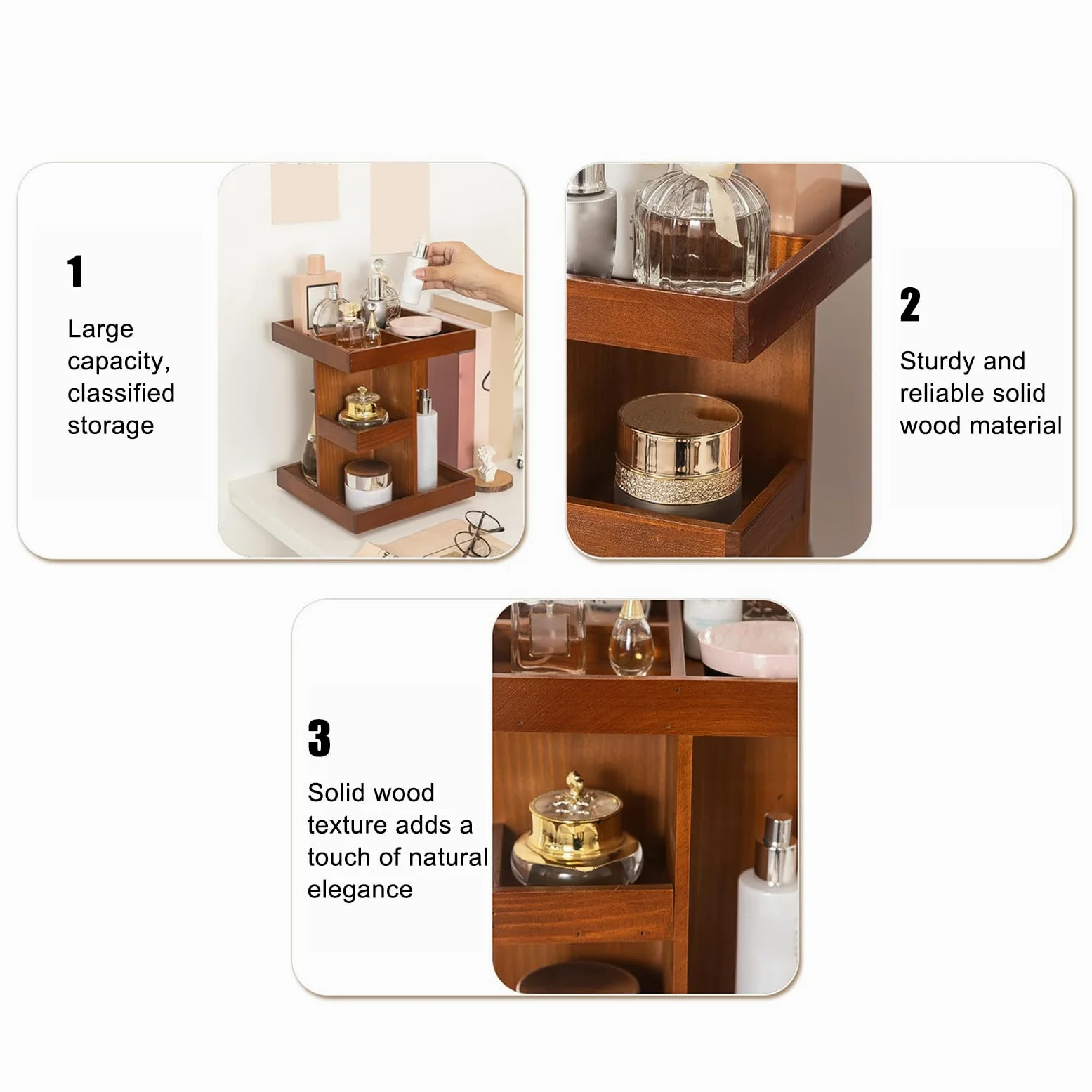 Organizer Trucco Girevole Espositore In Legno Stile Rustico | Organizer Trucco Bagno Rotante Da Banco Profumi Cosmetici Prodotti Cura Pelle Toeletta Per Casa Camera Armadio Dormitorio