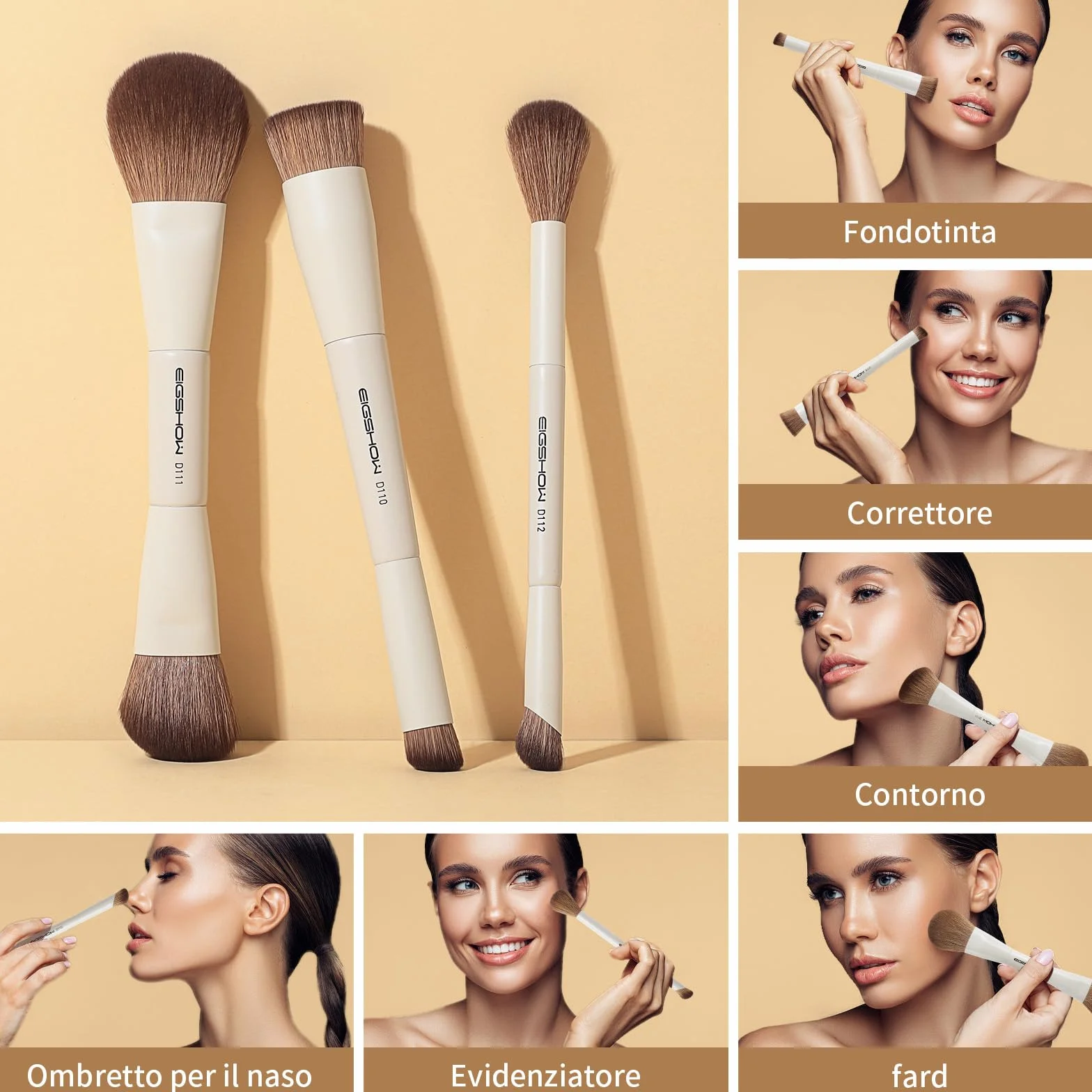 EIGSHOW Set di Pennelli per Trucco, Set Pennelli Make Up da 3 Pezzi, Set Pennelli Trucco con Due Estremità, Viso in Fibra Sintetica Morbida, Adatti per Polveri Liquide e Cremose, Beige