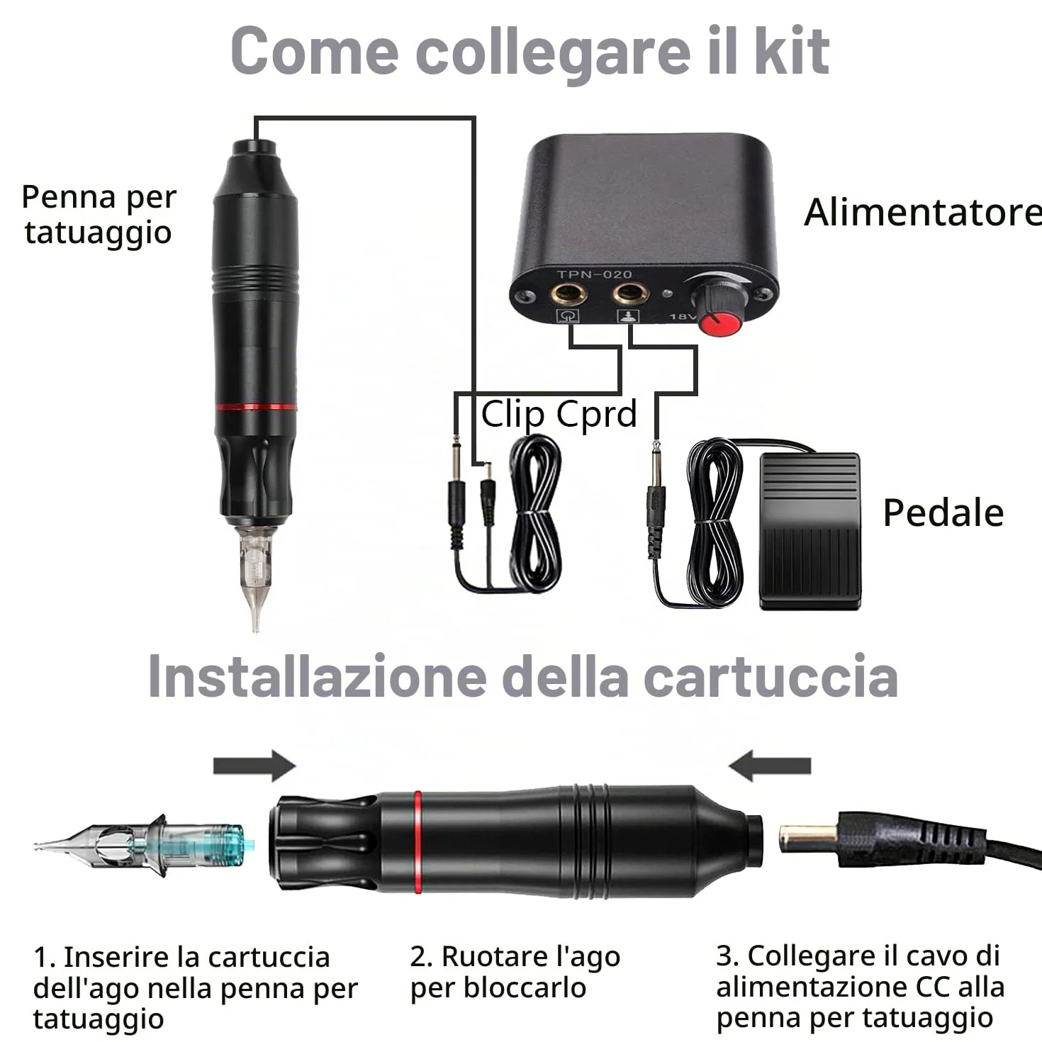 Kit Completo per Macchinetta per Tatuaggi, Inchiostri per Tatuaggi a 20 Colori, Kit per Tatuaggi Rotanti per Principianti, 20 Cartucce ad Ago, Kit Penna per Tatuaggi con Custodia (nero)