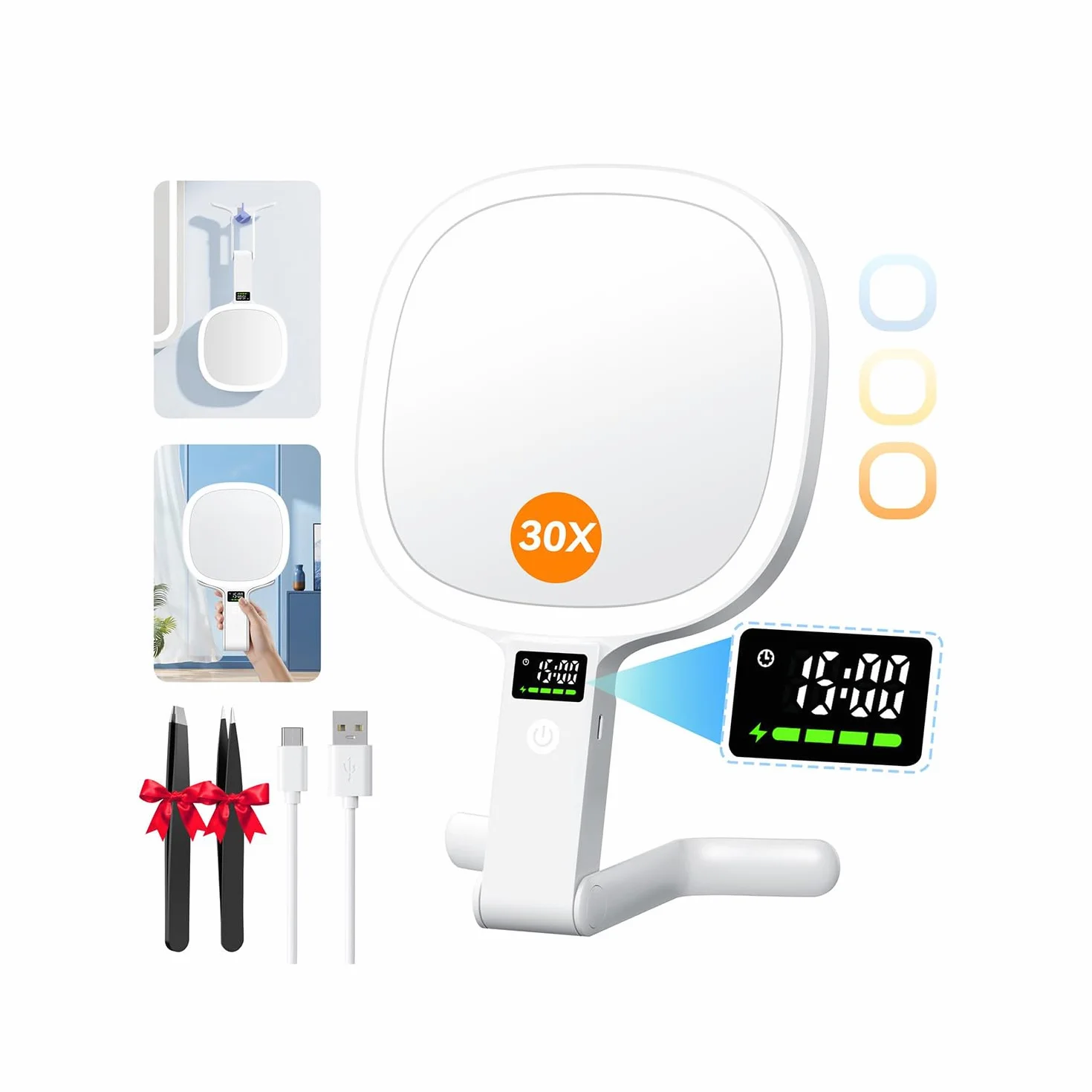 Auxmir Specchio Ingranditore Bifacciale 30X/1X con Luci LED 3 Colori Regolabile, Specchio da Tavolo Pieghevole Ricaricabile