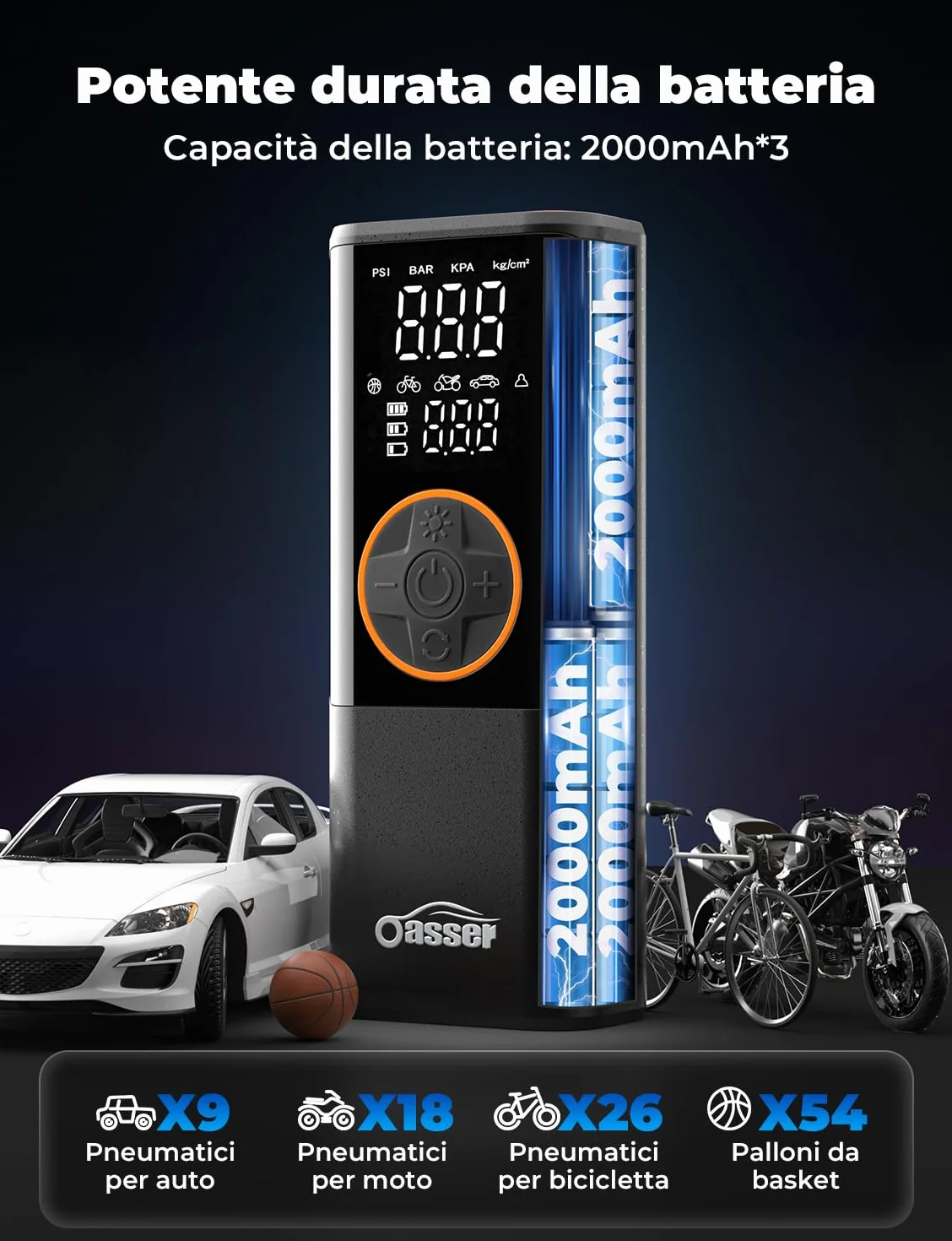 Oasser Compressore Aria Portatile 150PSI 6000mAh Doppio Schermo LCD Spegnimento Automatico Torcia LED
