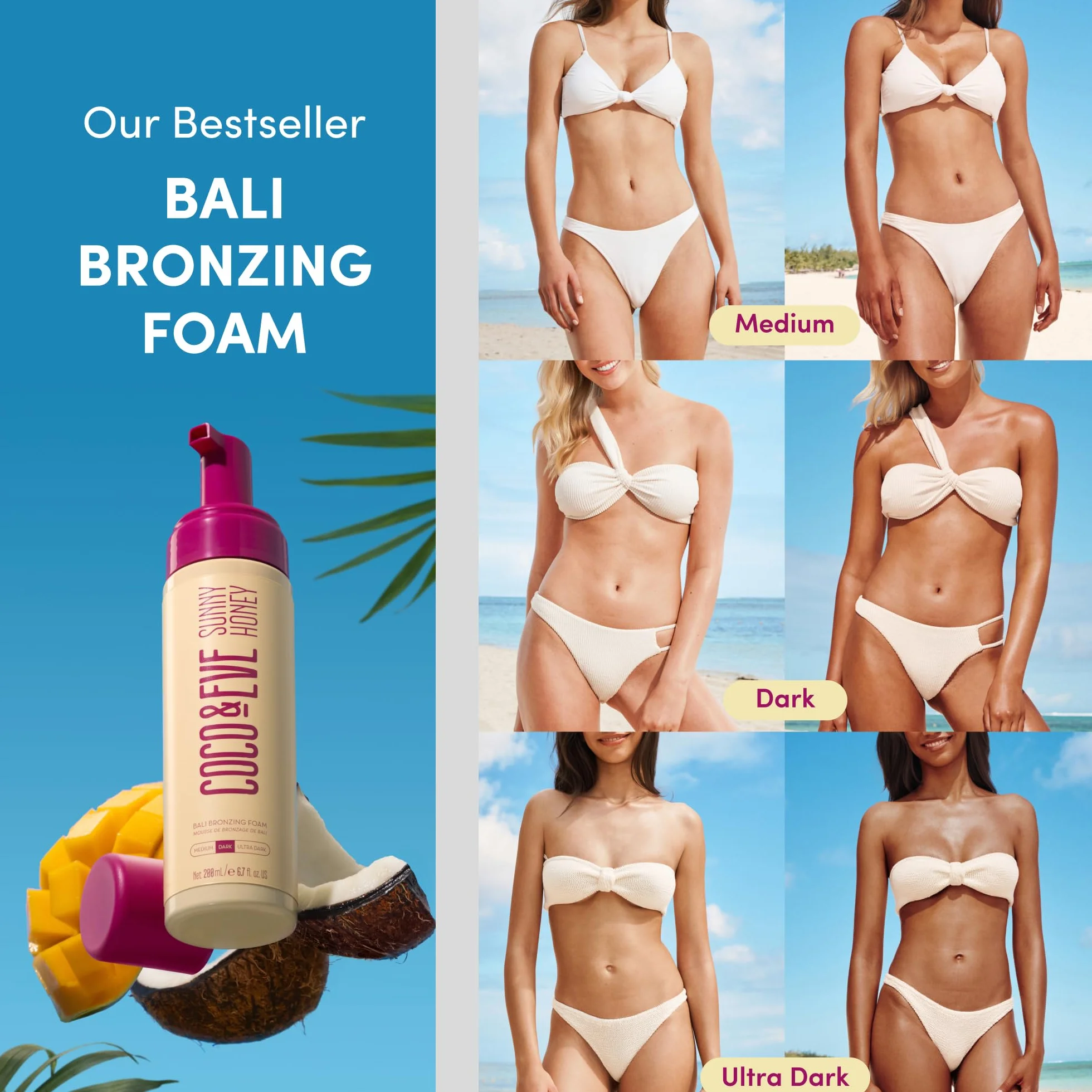 Coco & Eve Sunny Honey - (Scuro) Mousse autoabbronzante naturale Bali Bronzer - antietà, anti cellulite Self Tanner (212ml)