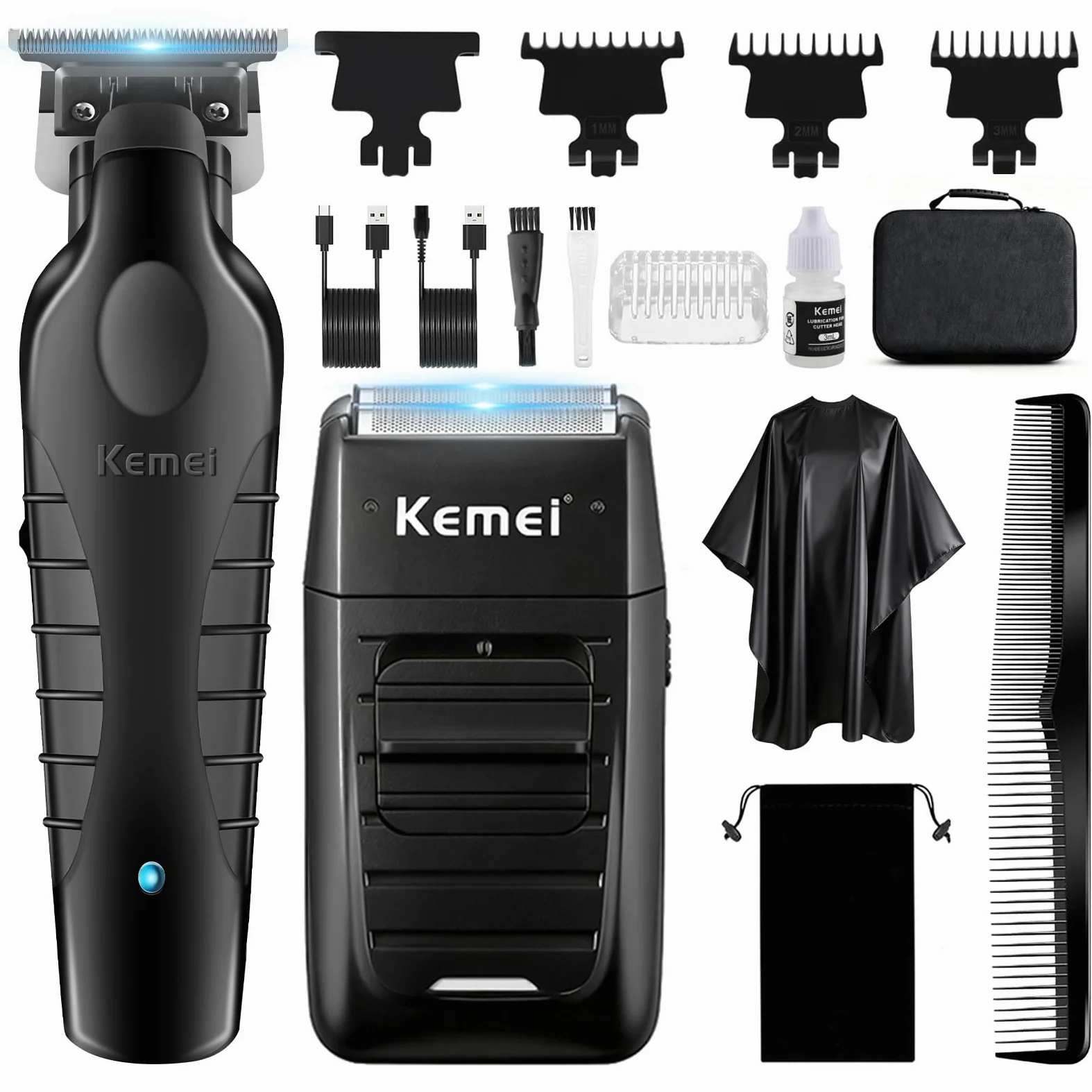 KEMEI Set di tagliacapelli professionali e rasoi a lamina, tagliacapelli senza fili per uomo, kit rasoio elettrico da barbiere, rasoio a T Blade Zero Gapped, ricaricabile tramite USB