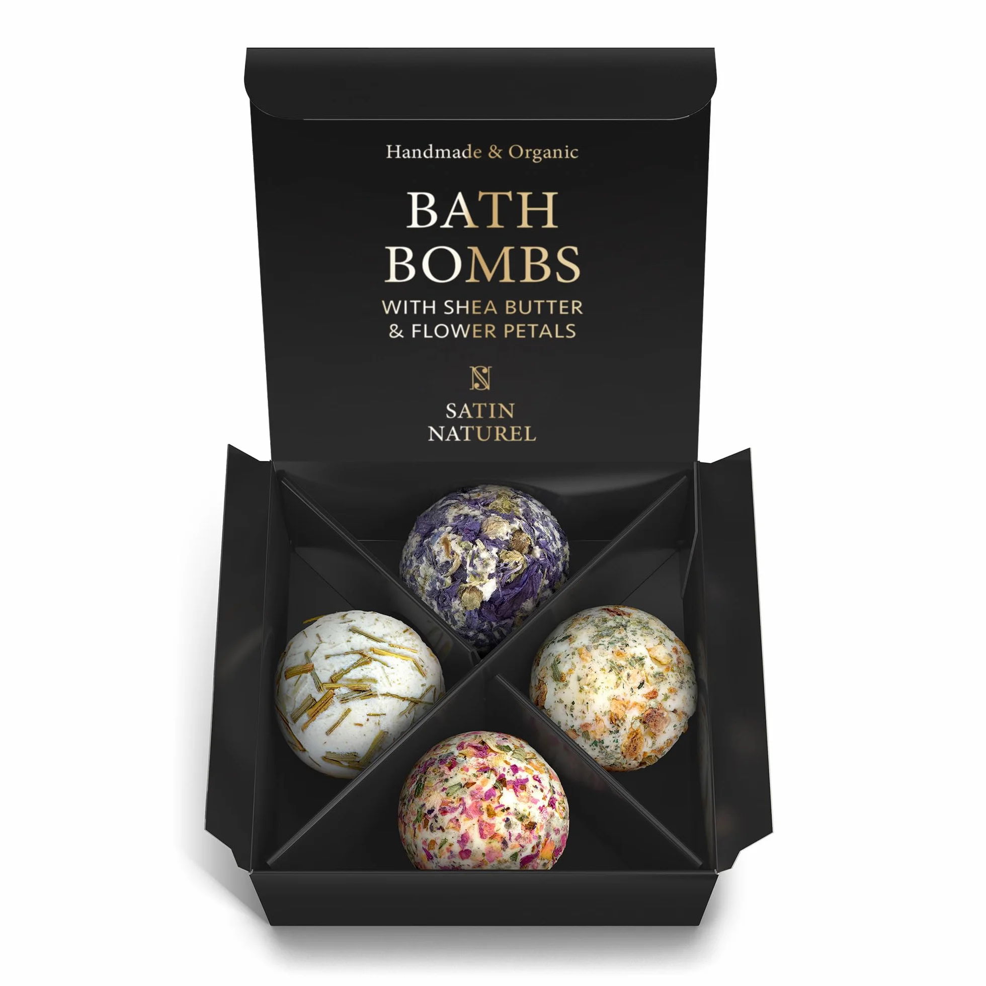 Satin Naturel Cofanetto 4 Bombe da Bagno BIO Lussuose Vegan – Regalo Benessere per Donna – Sfere da Bagno Premium – Idea Regalo Compleanno per Lei – Cosmetica Naturale