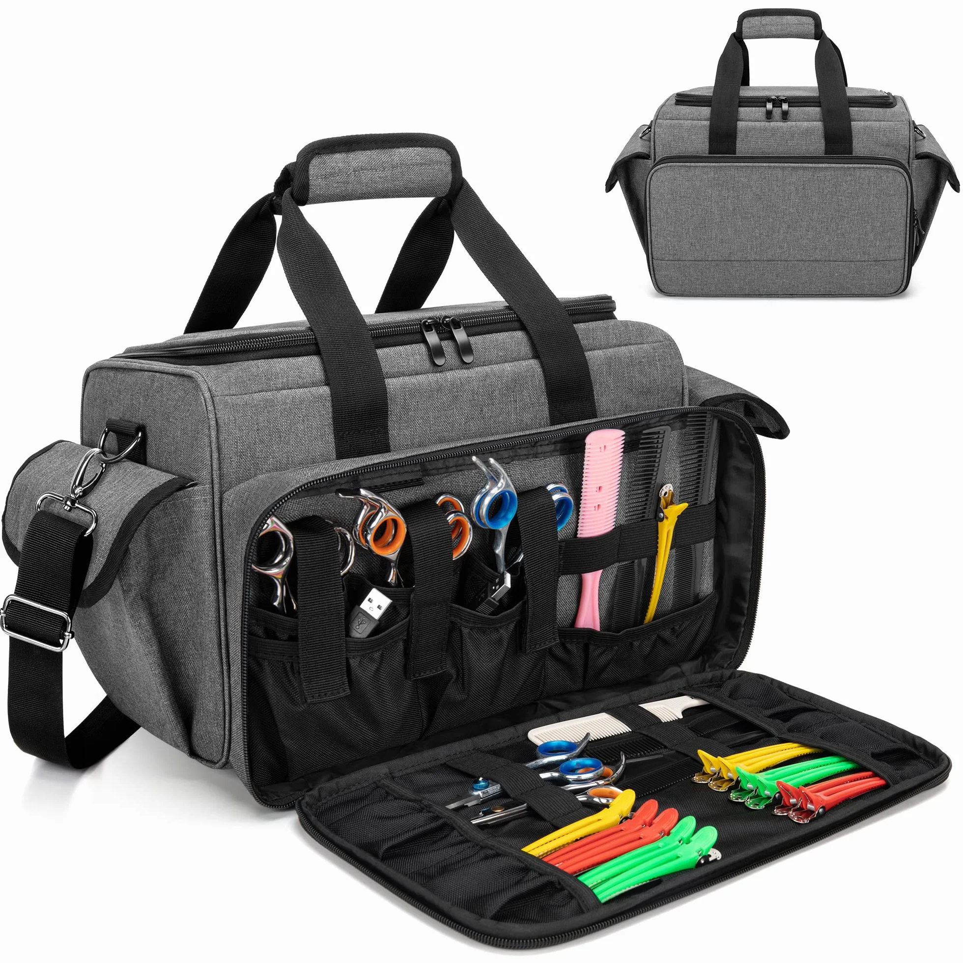 BAFASO Borsa da Parrucchiere Professionale con Divisori Regolabili, Valigetta per il Trasporto di Barbiere (Nessun Accessorio), Grigio