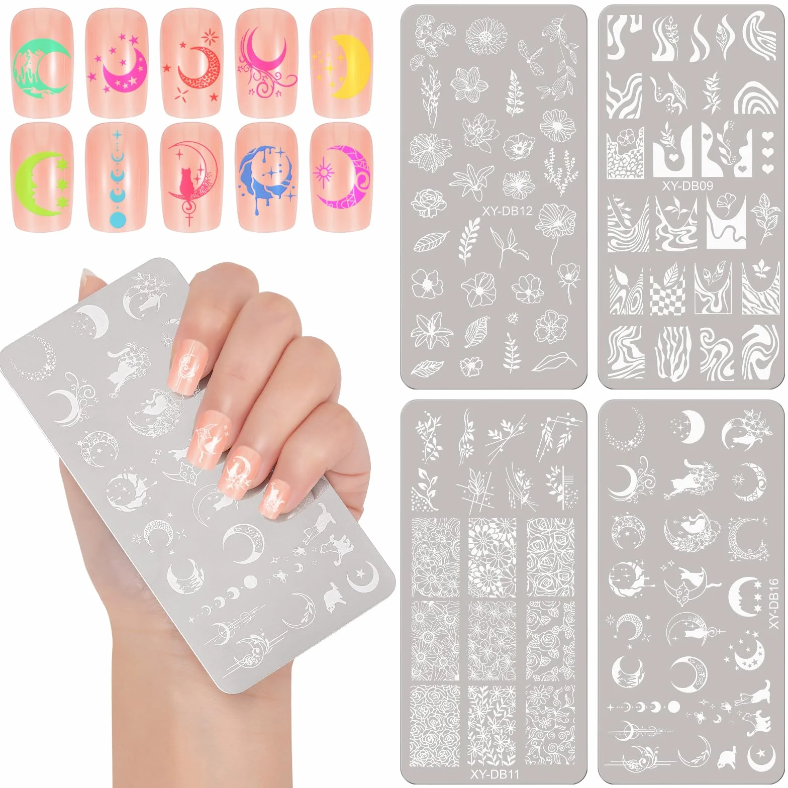 MWOOT 4 Pezzi Stamping Nail Art, Linee Fiore Foglie Luna Gatto Stencil Unghie Nail Art, Unghie Piastre French Manicure Nail Piastra, Unghie Timbro Scraper Piatti Templates per Decorazione Unghie