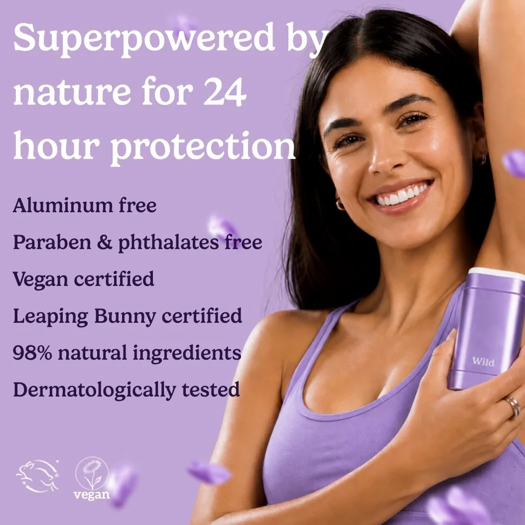 Wild - Deodorante Naturale Ricaricabile - Astuccio Viola con Varie Ricariche - Incluse Cotton & Sea Salt, Cherry Blossom, Coconut & Vanilla, Mint & Aloe Vera, Ocean Mist