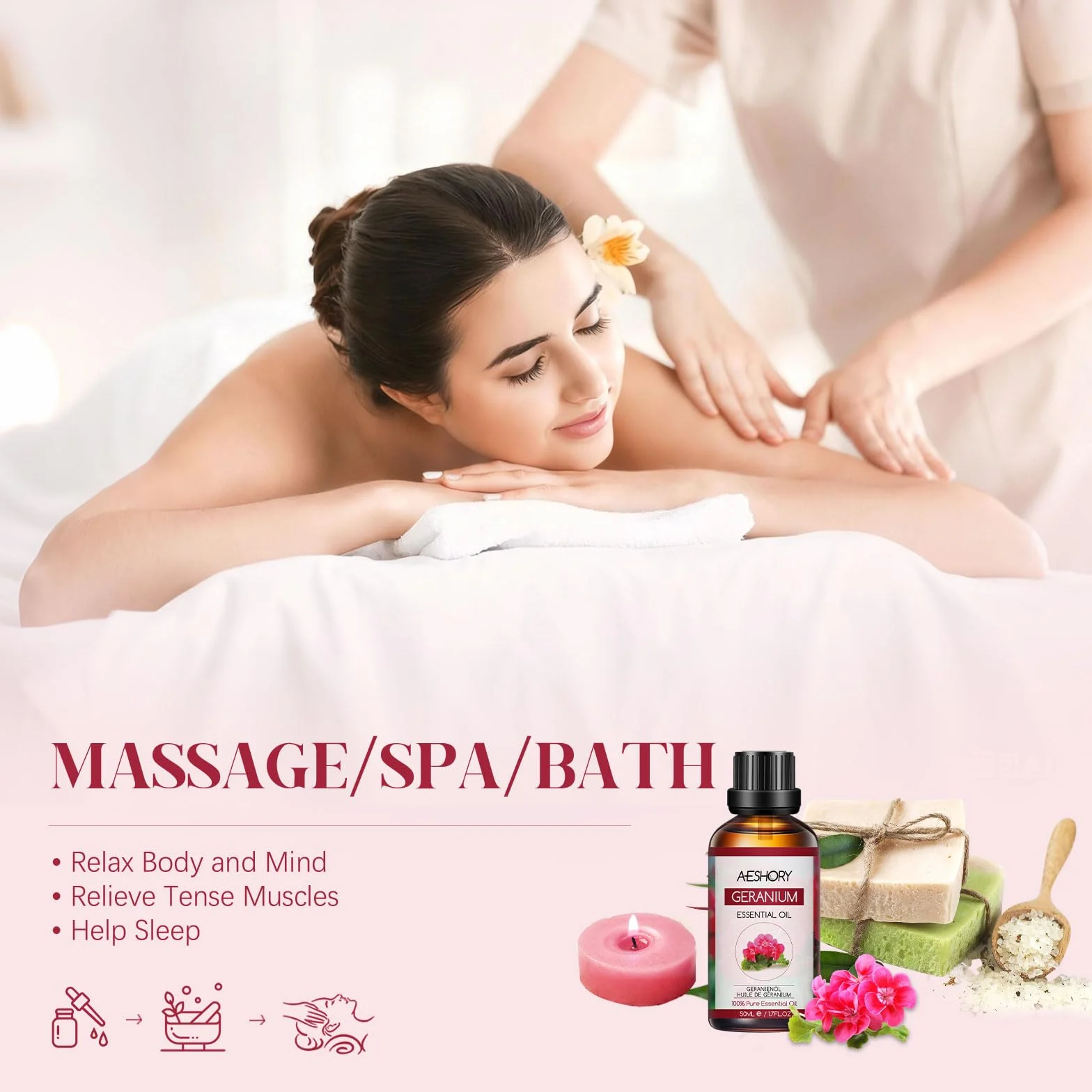 Olio Essenziale di Geranio 50ML, Olio di Geranio Naturale per Diffusori, SPA, Massaggio