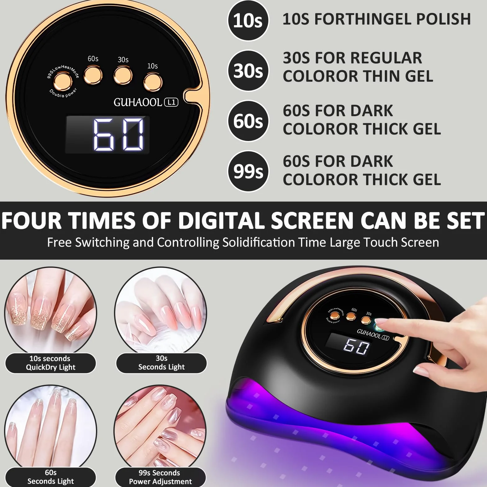 Lampada Unghie UV LED, 180W Fornetto Unghie Può Curare Rapidamente, con 4 Timer 10s/30s/60s/99s,Sensore Di Avvio Automatico, LCD Display Lampada per unghie per Gel Nail Polish Light, Nero