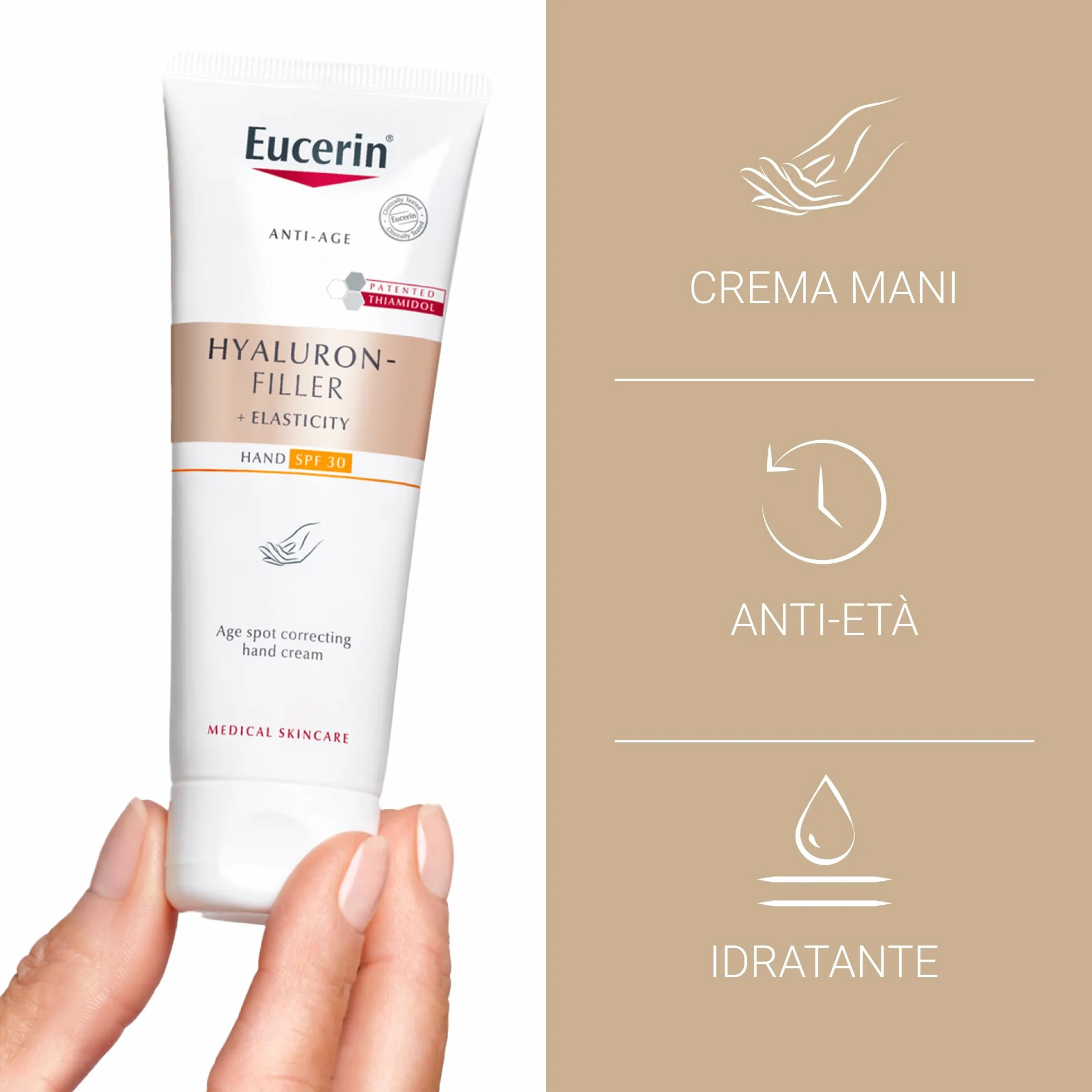 Eucerin Hyaluron-Filler + Elasticity Crema Mani Anti-età & Anti-macchie SPF 30 75 ml, Crema mani antiage e antimacchia, Formula riparatrice con Acido Ialuronico per secche e screpolate