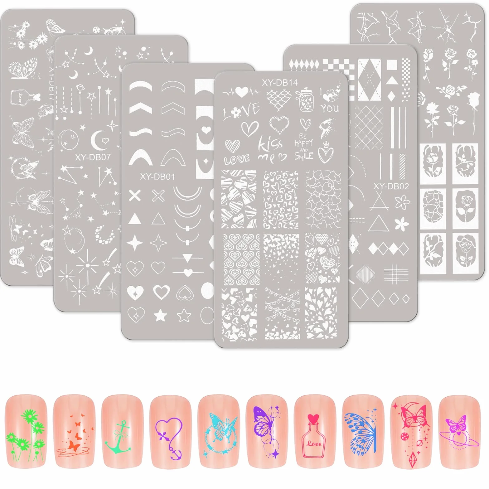 MWOOT 6 PCS Stamping Nail Art, Linee Geometria Fiore Cuore Farfalla Stencil Unghie Nail Art, Unghie Piastre French Manicure Nail Piastra, Unghie Timbro Scraper Piatti Templates per Decorazione Unghie