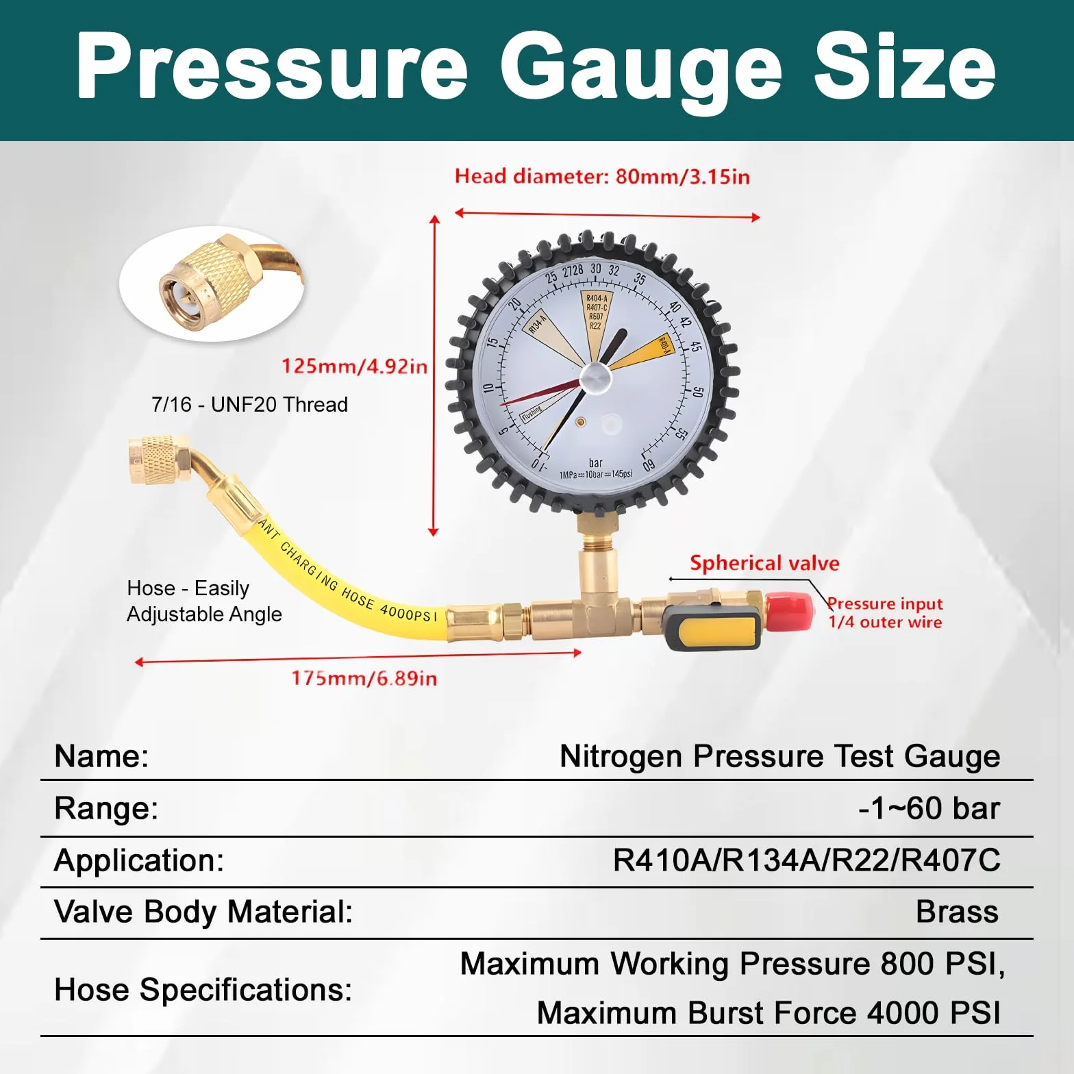Manometro Azoto 0-60 Bar Gas Refrigerante R134a R22 R407C R410A Strumento Test Pressione
