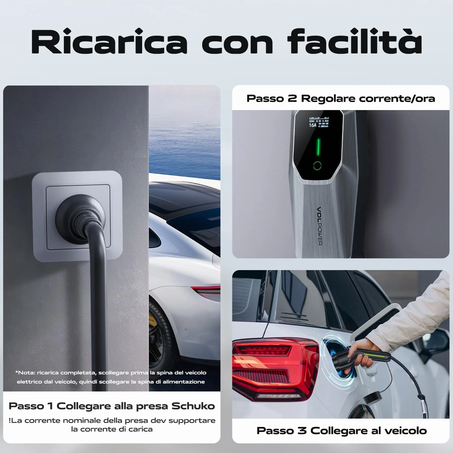 Colonnina Ricarica Auto Elettrica 3.6KW 5M Cavo Tipo 2 Spina Schuko 6-16A Wall EV Box VDLPOWEREU Monofase IP65