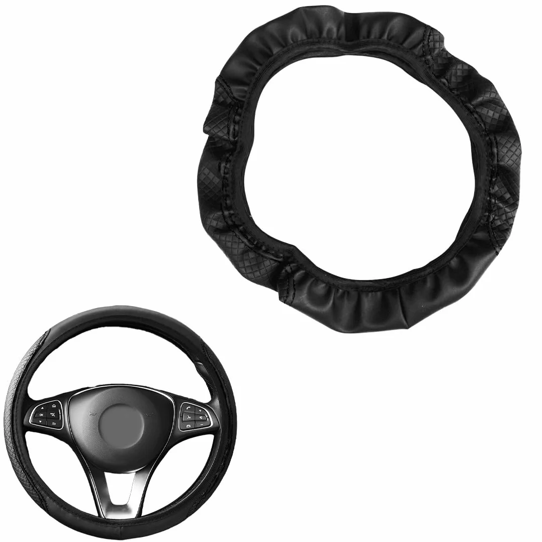 Coprivolante Auto in Pelle Elastica Antiscivolo PU Traspirante, Universale, Nero 1 Pezzo