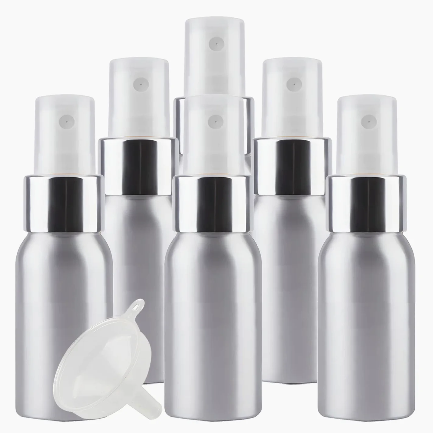 24 Pezzi 30 ml Bottiglie Spray Argento Vuote in Alluminio con Pompa Argento/Bianco Fine Nebbia Flacone Spray per Cosmetica Acqua Profumo da Viaggio Riempibile, Imbuto