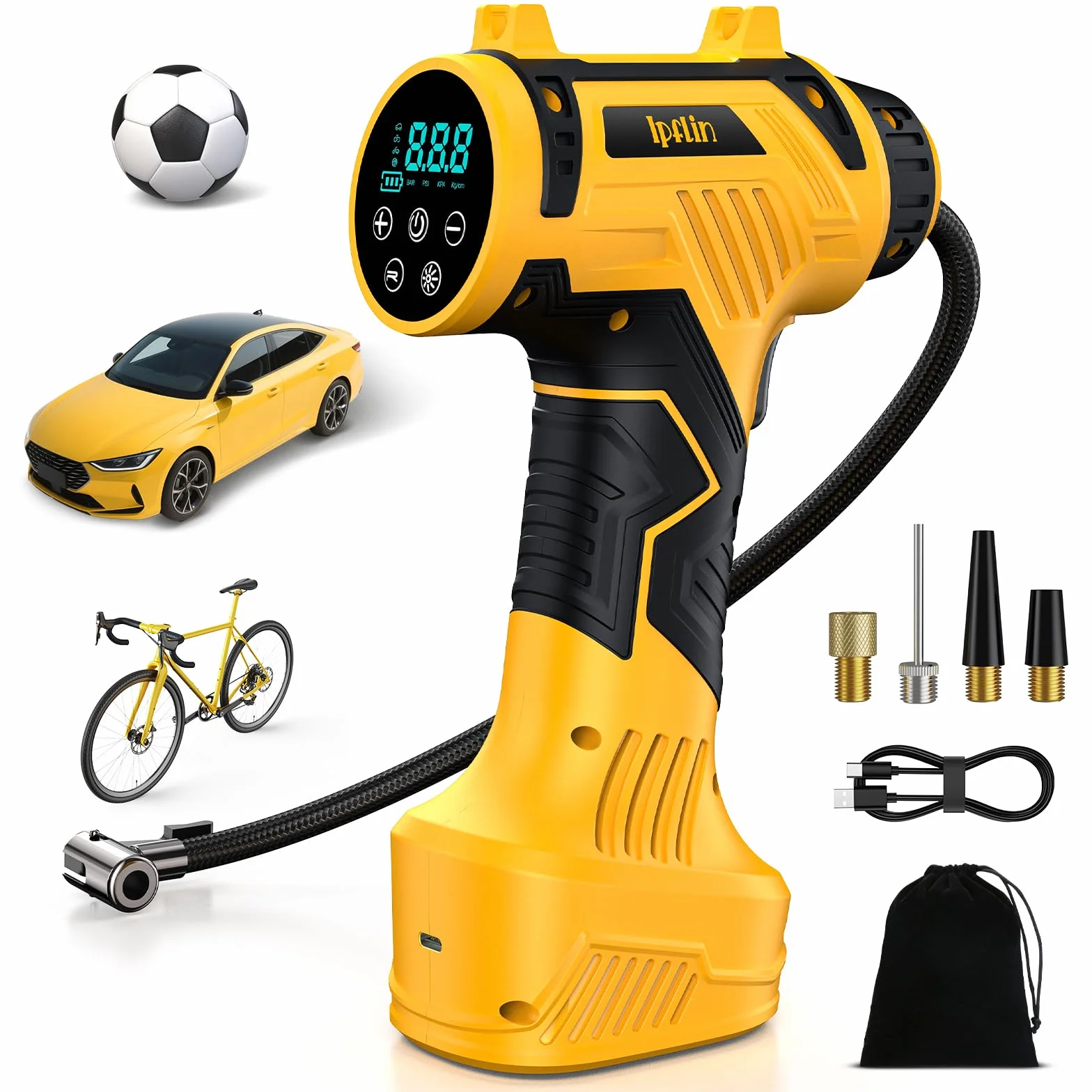 Compressore Aria Portatile Senza Fili – 150PSI 22L/Min Gonfiatore Pneumatici per Auto, Batteria Ricaricabile con Spegnimento Automatico, Display LED e 4 Modalità: Auto/Bici/Moto/Palloni