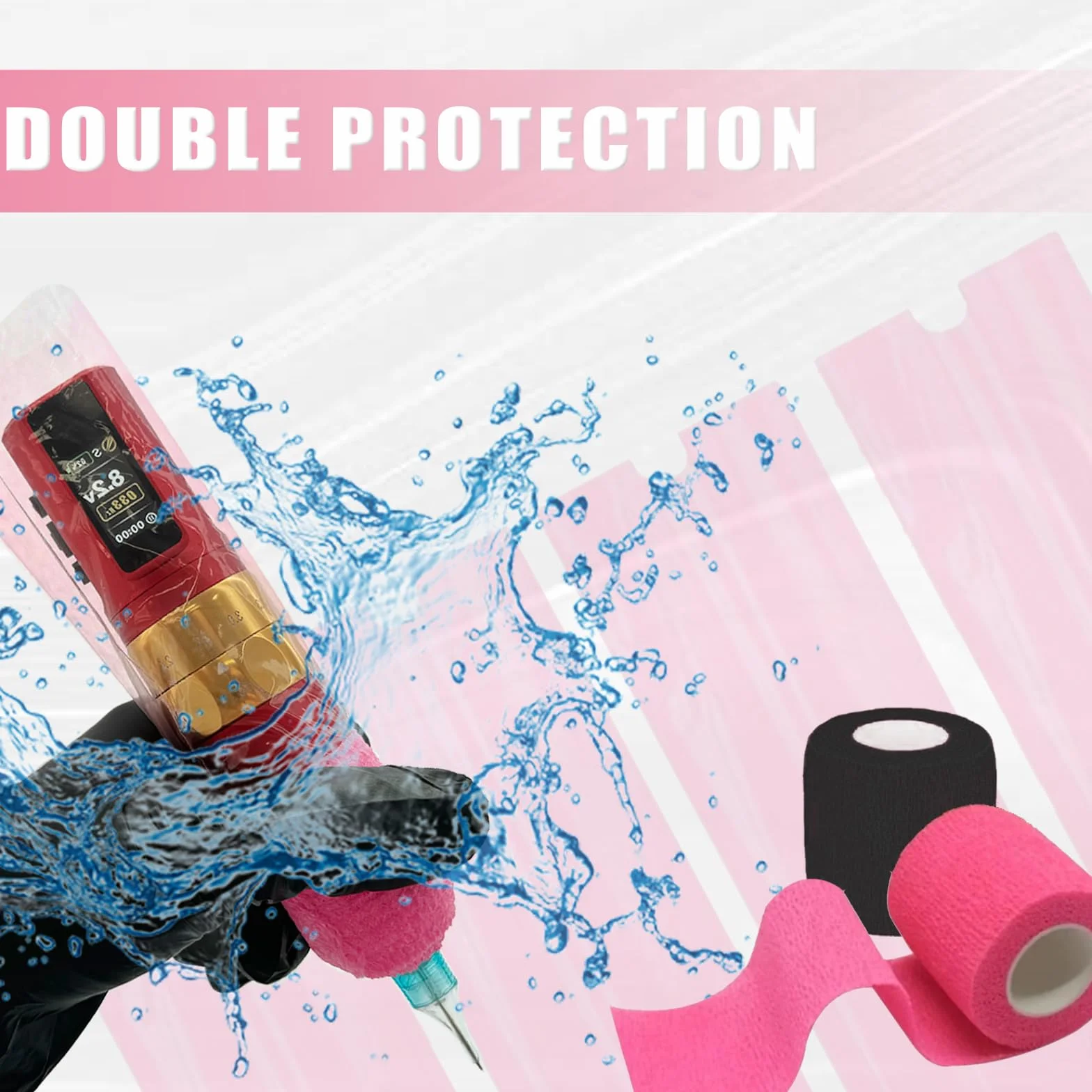 Coperture per Macchinette per Tatuaggi con Nastri di Presa - LEAYOKA 4 pezzi (5cmx4.5m) Tattoo Grip Tapes con 200 pezzi (6.5cmx18cm) Rosa Coperture Monouso per Macchine per Tatuaggi