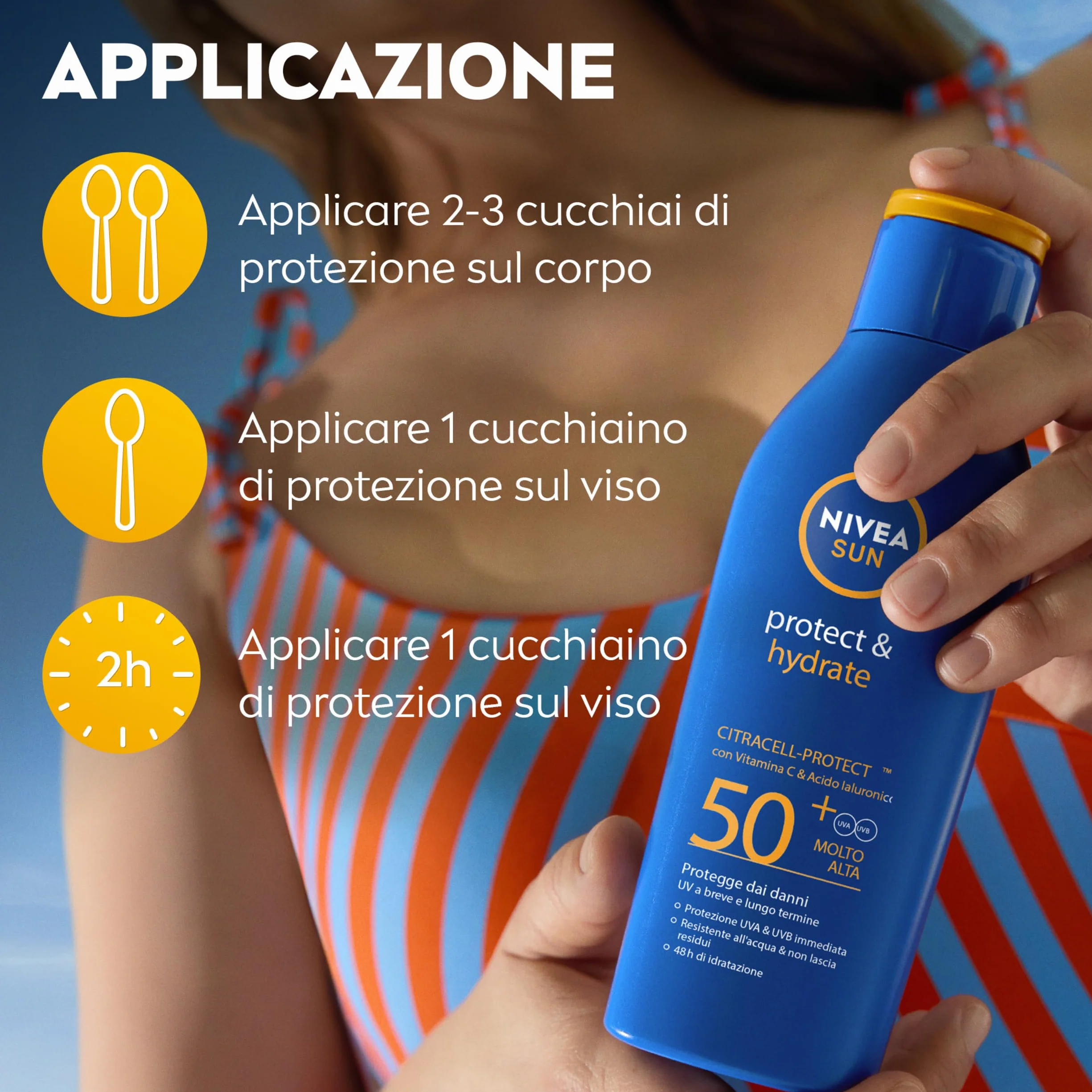 NIVEA SUN Protect & Hydrate SPF 50+ Crema Solare 200 ml Idratante 48h Resistente all'Acqua Vitamina C Acido Ialuronico