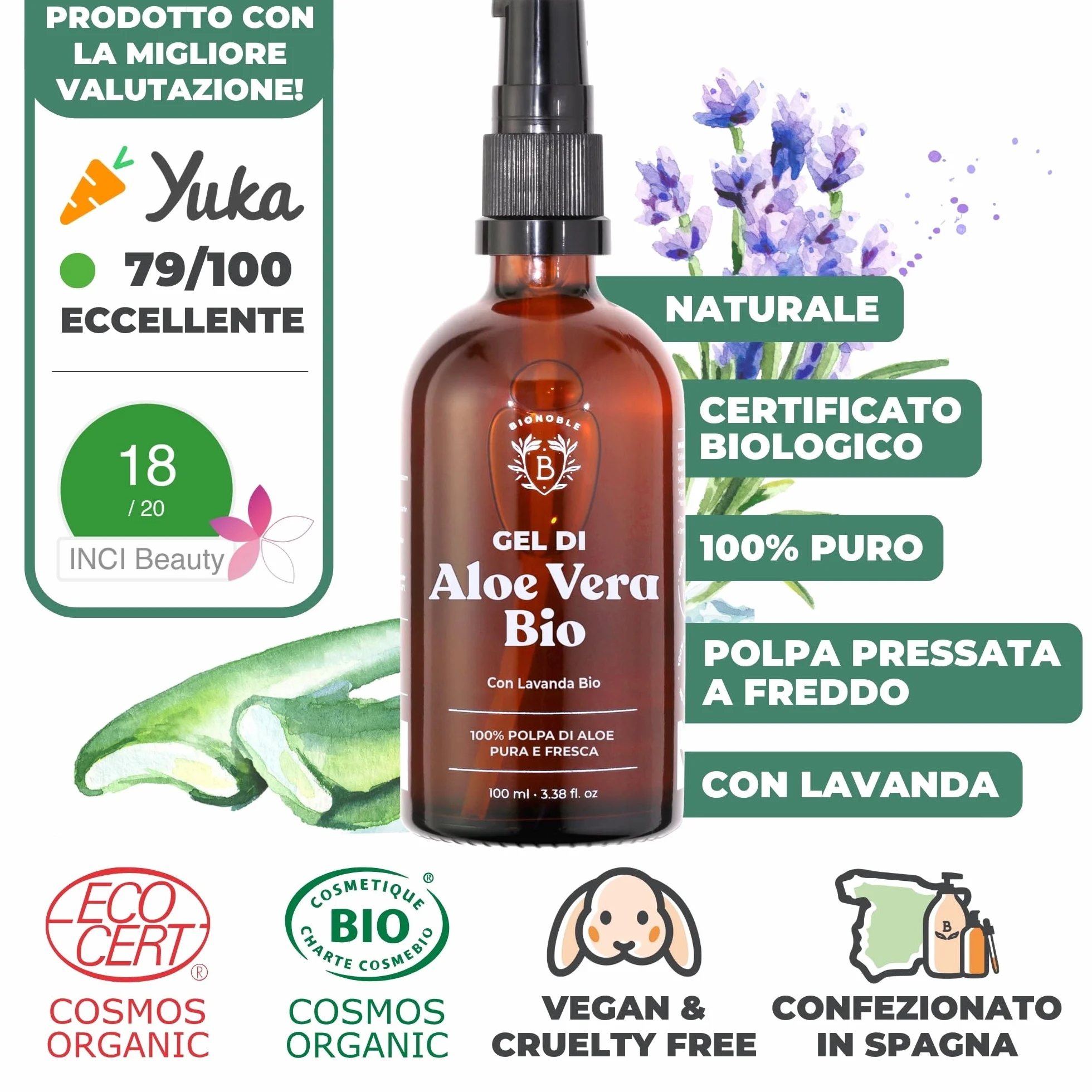 BIONOBLE Aloe Vera Gel Puro Biologico 97% con Olio Essenziale di Lavanda Idrata Lenisce 100ml Bottiglia Vetro Pompa