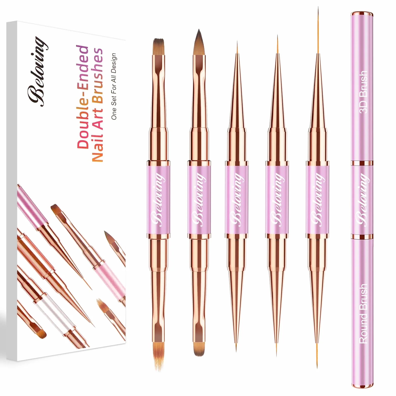 5 Pennelli Unghie Gel, Set Pennelli Per Nail Art e Disegni Unghie, Doppia Faccia Pennello Per Gel Unghie Ricostruzione, Smalto UV, Ombré, Pennelli Liner Con Coperture Protettive, Viola