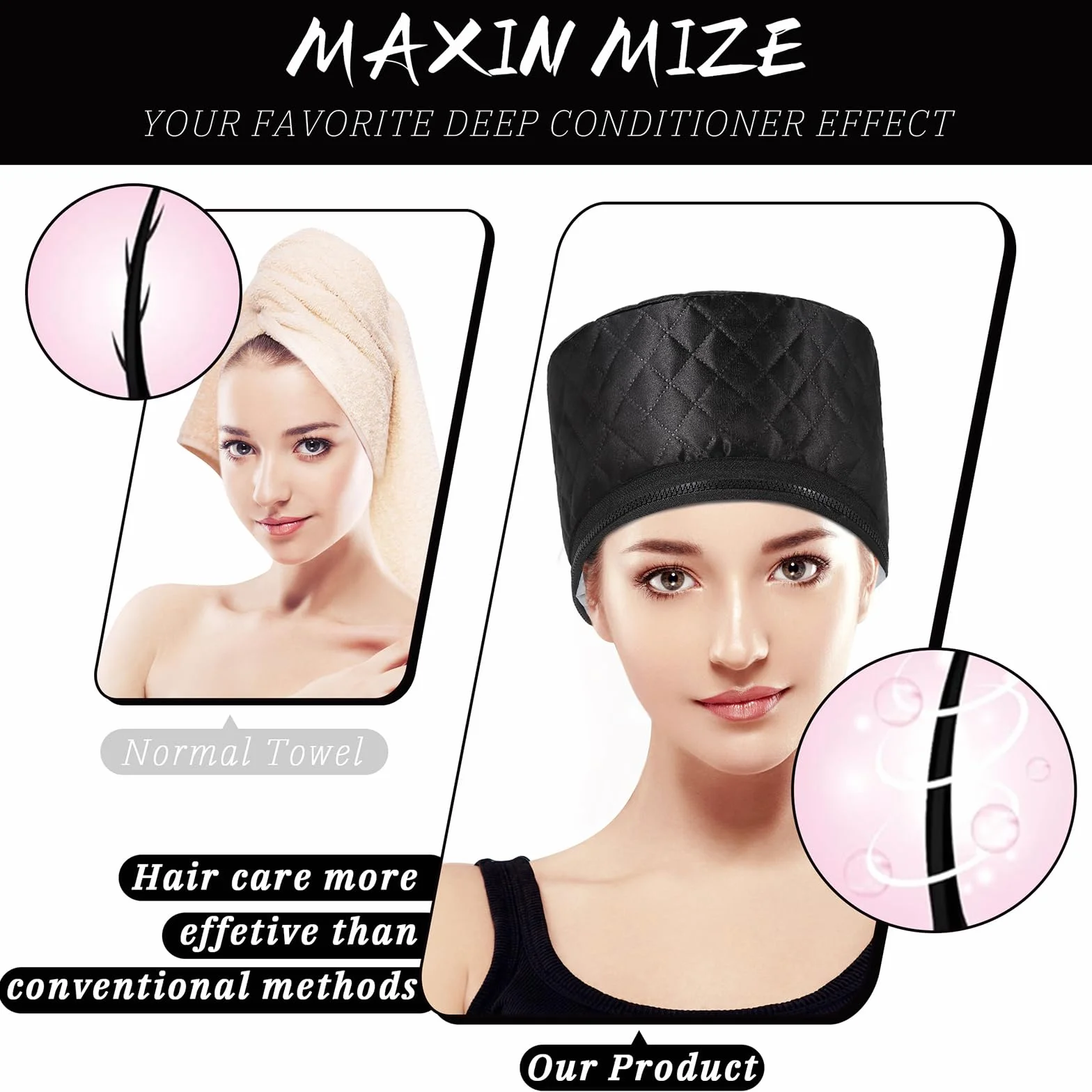 Cappello termico per trattamenti di profondità, cuffia a vapore per maschere per capelli, cuffia riscaldante con 2 modalità di temperatura per spa, salone, casa - Nero
