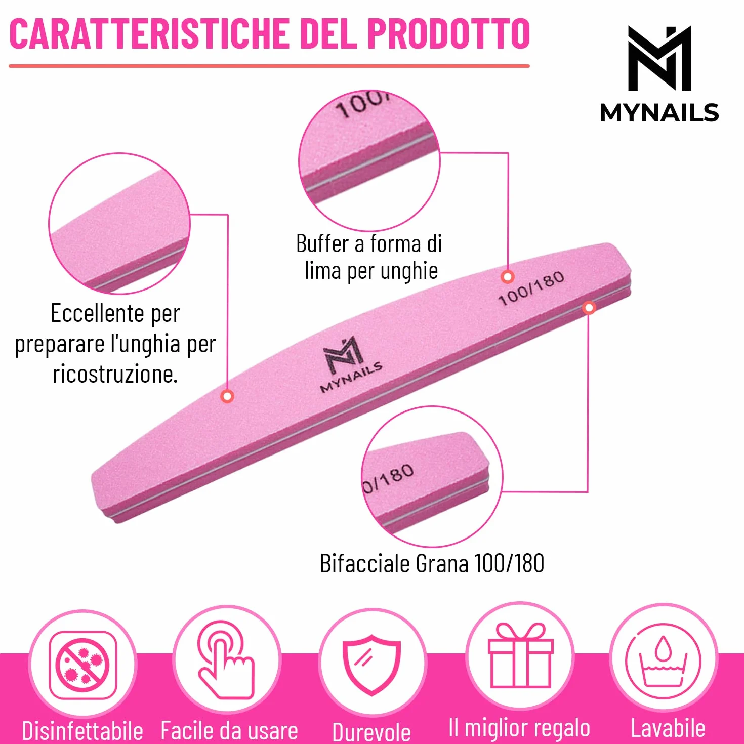 MYNAILS - Lima professionale per unghie, set di 5, 2 lime per unghie mezza luna 100/180, 2 buffer unghie bianche 180/180 e 1 lime per unghie Buffer mezzaluna rosa e bianco 100/180, confezione
