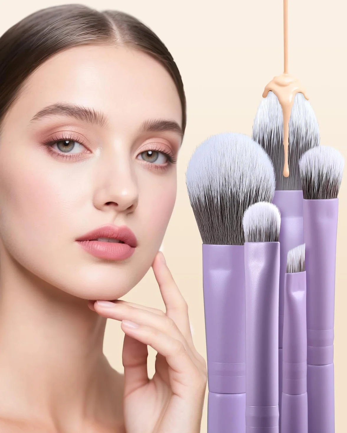EIGSHOW Set di 5 pennelli da trucco con setole infuse agli ioni d'argento, pennelli da trucco professionali essenziali per il viso completo, per cipria, fondotinta, ombretto, eyeliner, correttore
