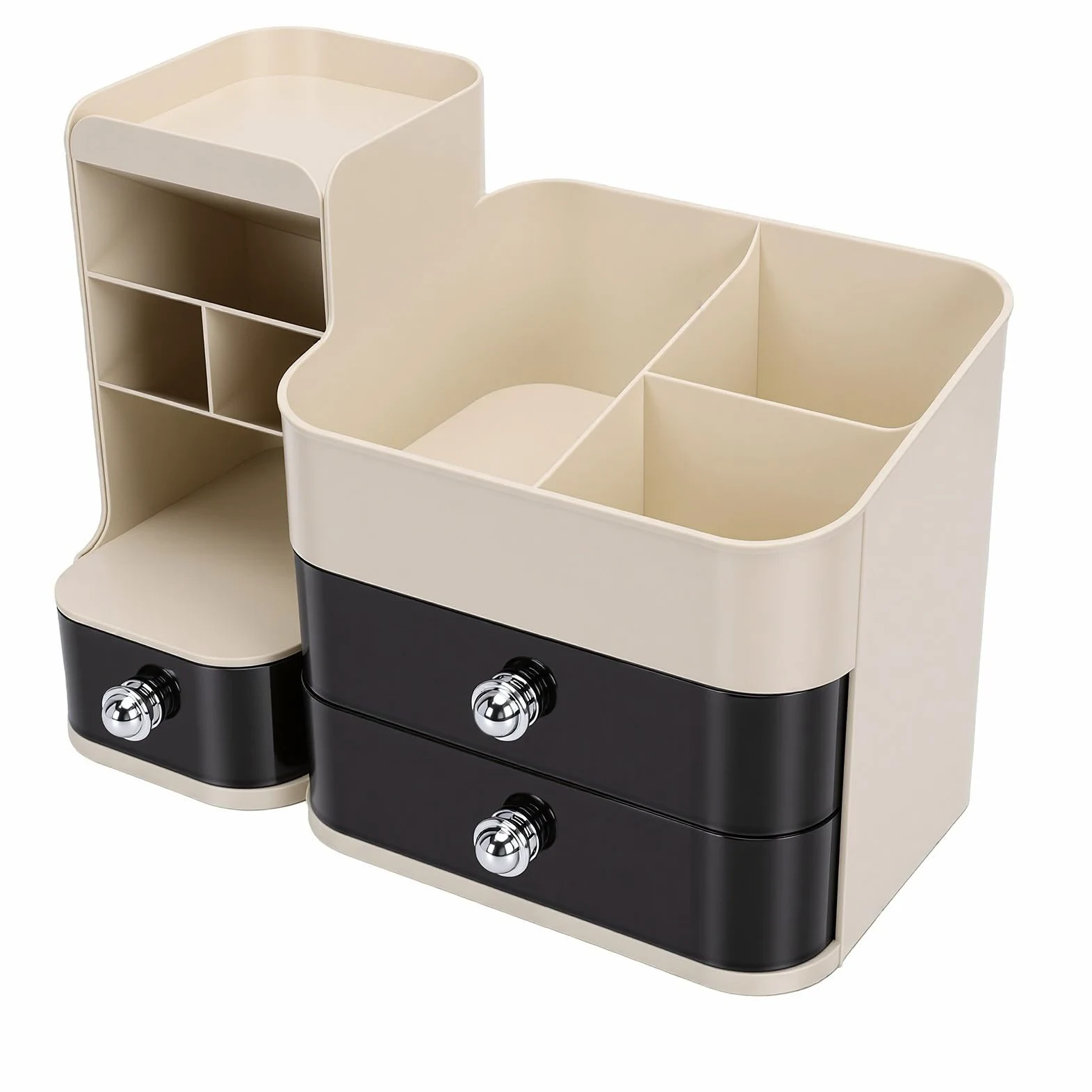 Duokon Porta Trucchi da Tavolo con Porta Pennelli e 3 Cassetti per vanità Bagno Ufficio Storage (bianco panna)