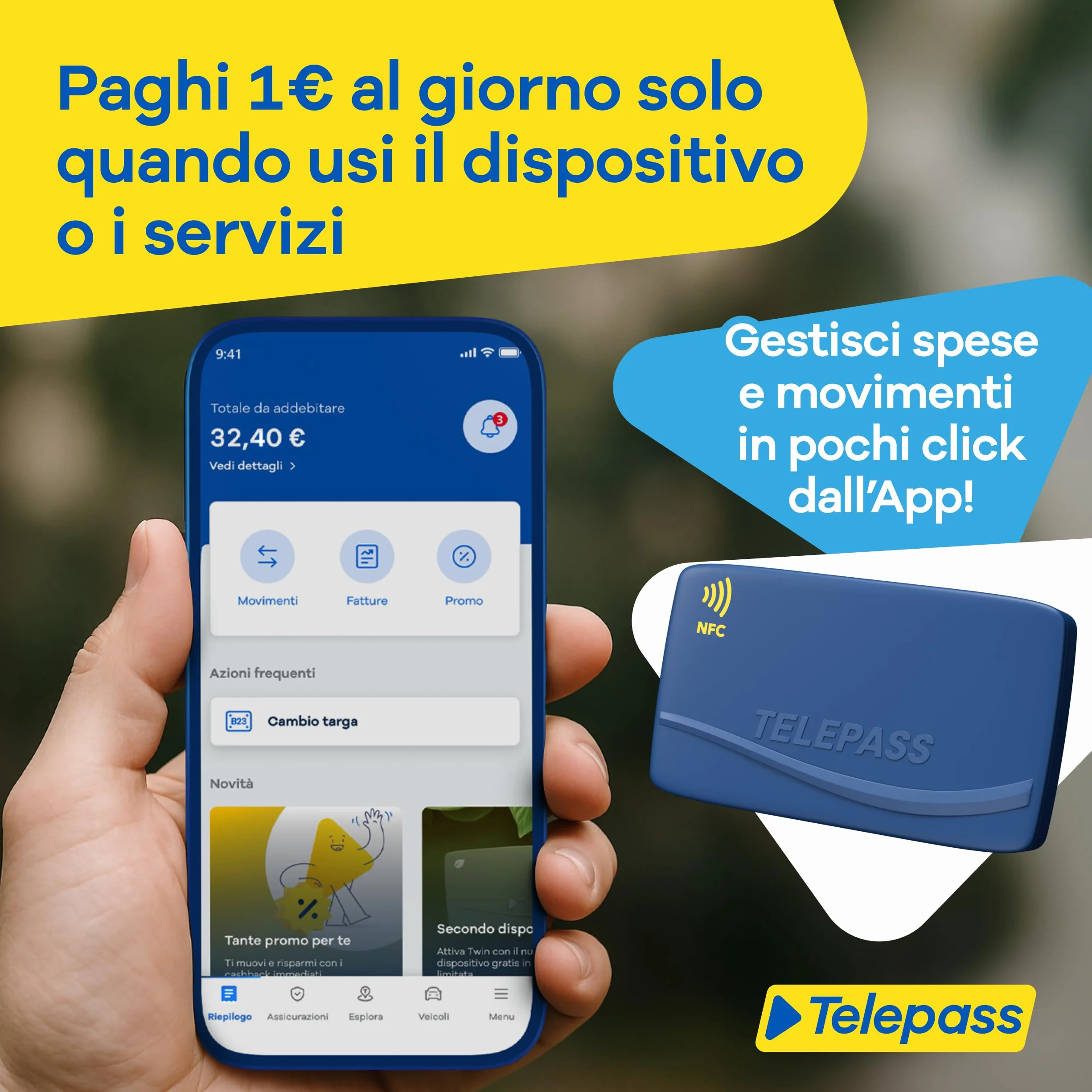 Telepass Grab&Go – Dispositivo Pay-Per-Use per Pedaggi, Parcheggi, Strisce Blu, Area C, e-Vignette, Traghetti Stretto Messina