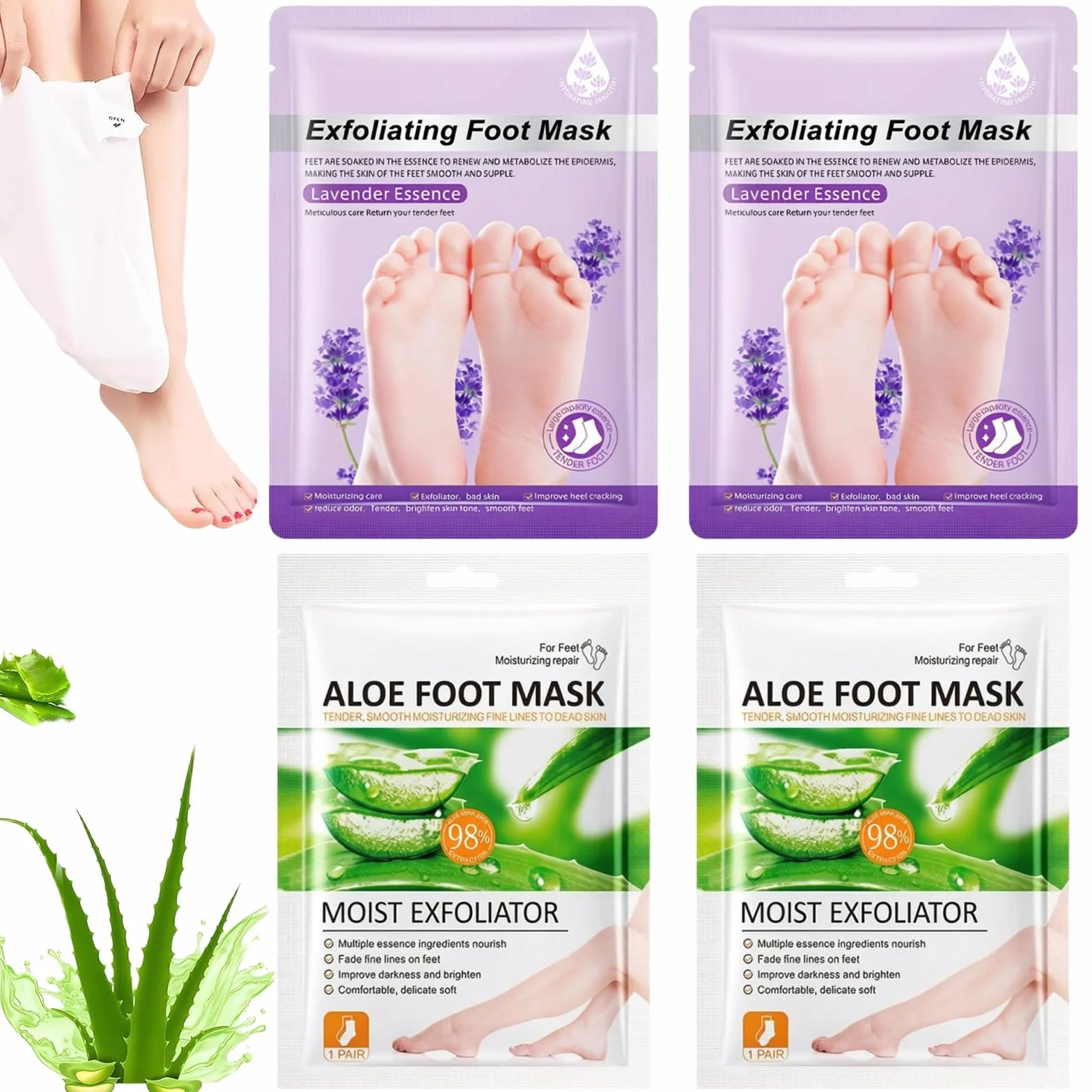 4 Paia Maschera Piedi Esfoliante e Idratante, Trattamento Peeling Piedi con Lavanda e Aloe Vera per Piedi Secchi, Calzini Esfolianti per Rimozione Pelle Morta e Calli, Donna e Uomo