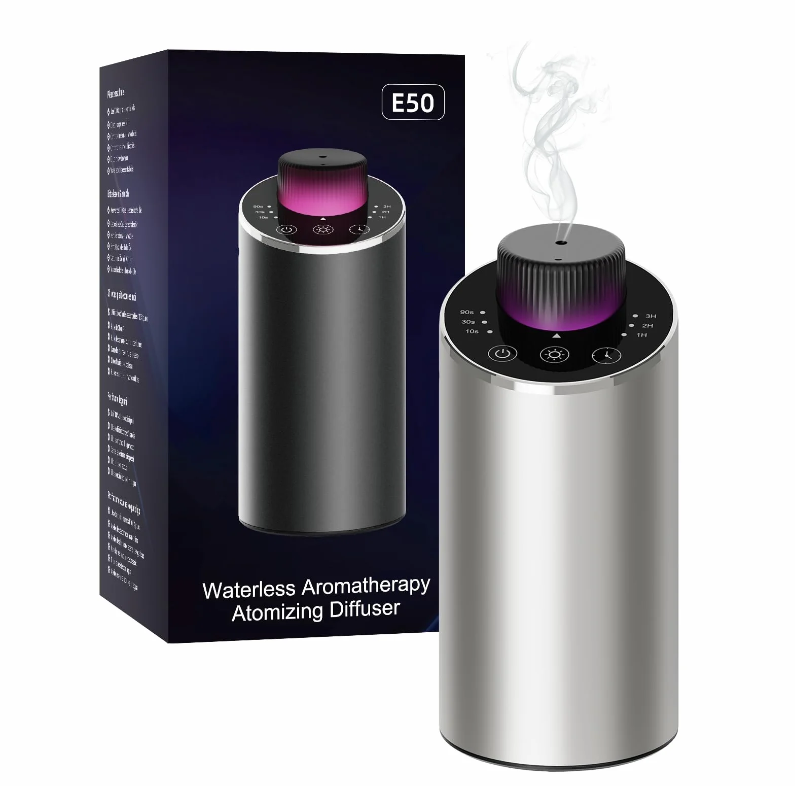 Diffusore oli essenziali per Auto Ufficio Casa Mini Aroma Batteria 4 Timer 3 Livelli Nebbia Argento