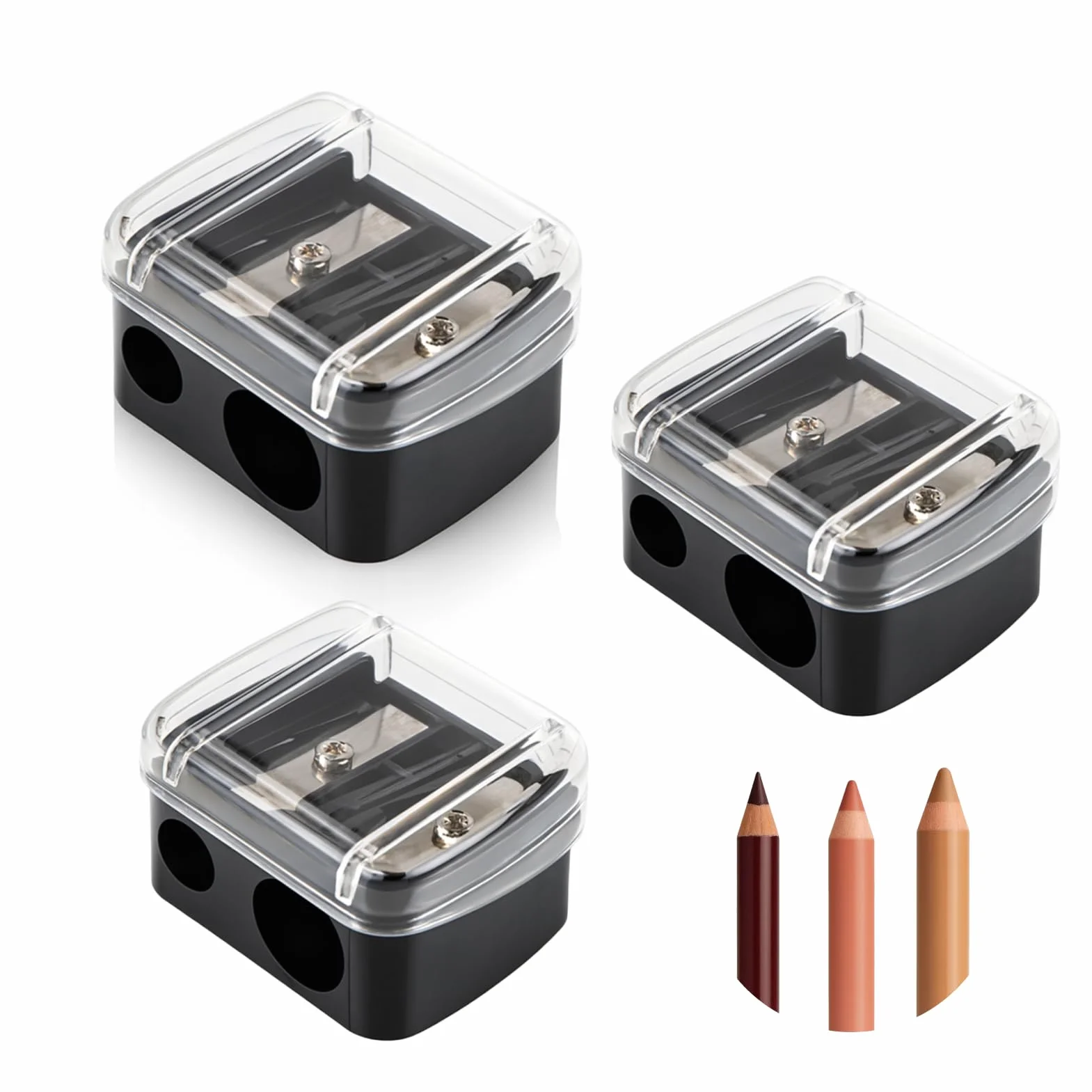 3 pezzi temperamatite trucco, temperino doppio per matite kajal/eyeliner, con contenitore, portatile per matite sottili e spesse, accessorio make-up
