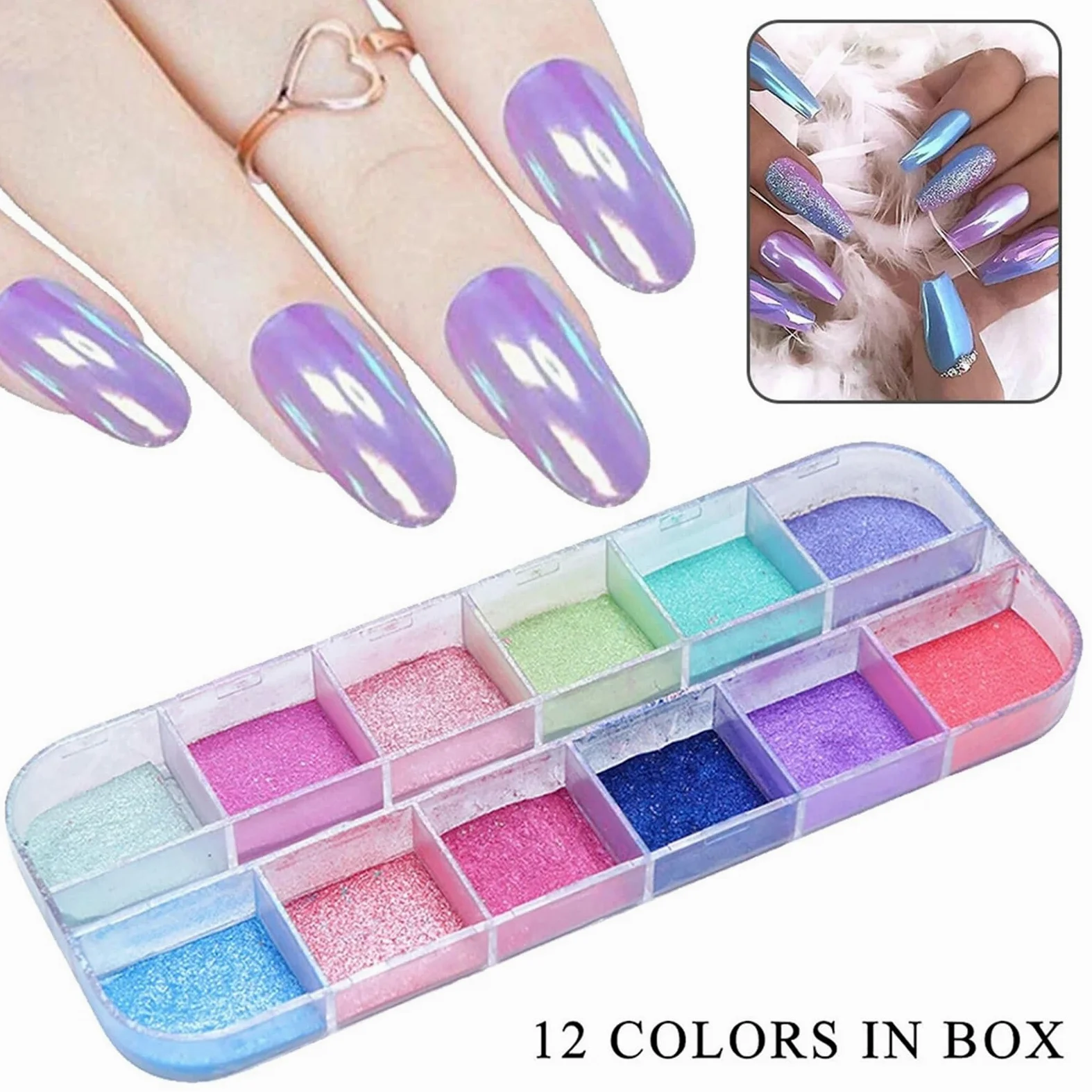 Polvere cromata unghie 12 Griglie Aurora Sirena Perla Shimmer Specchio effetto cromato Polvere for unghie per Manicure