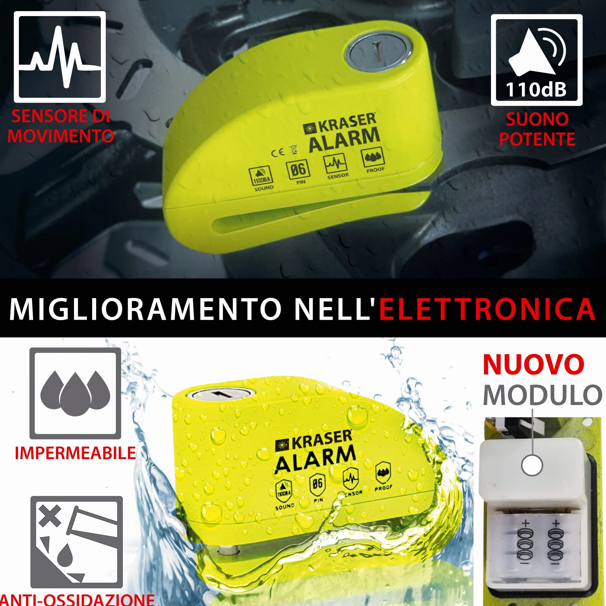 KRASER KR6Y Blocca Disco per Moto con Allarme 110dB, Antifurto Moto, Impermeabile, Cavo Reminder 1.5m Borsa