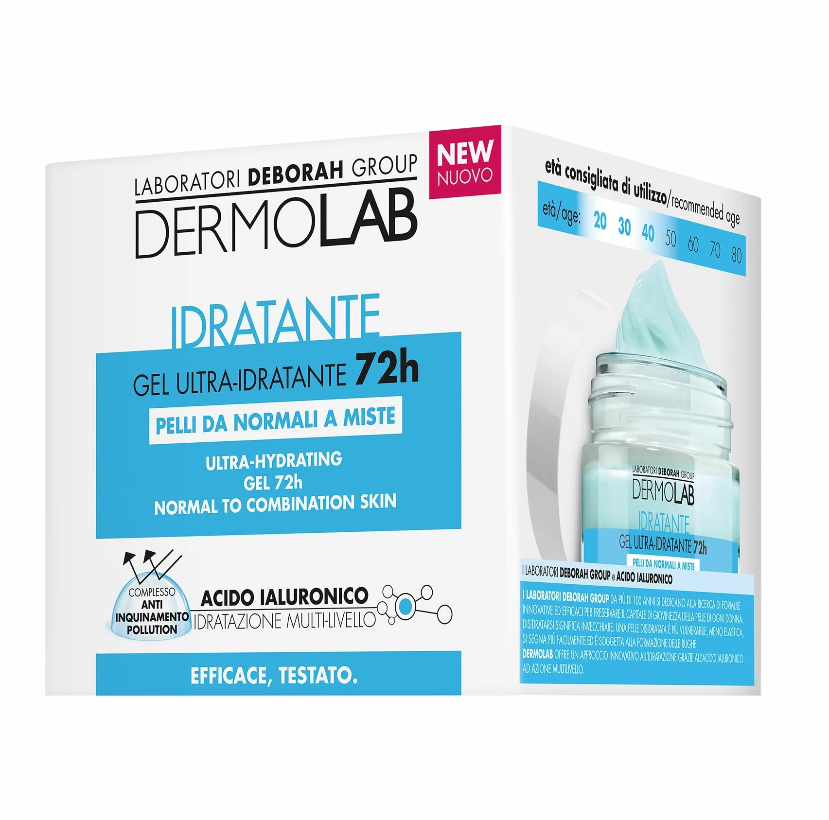 Dermolab - Crema Viso Idratante Gel 72H per Pelle Normale e Mista con Pool di Acido Ialuronico, Effetto Rimpolpante, Protegge la Cute con un'Azione Antiossidante, 50 ml