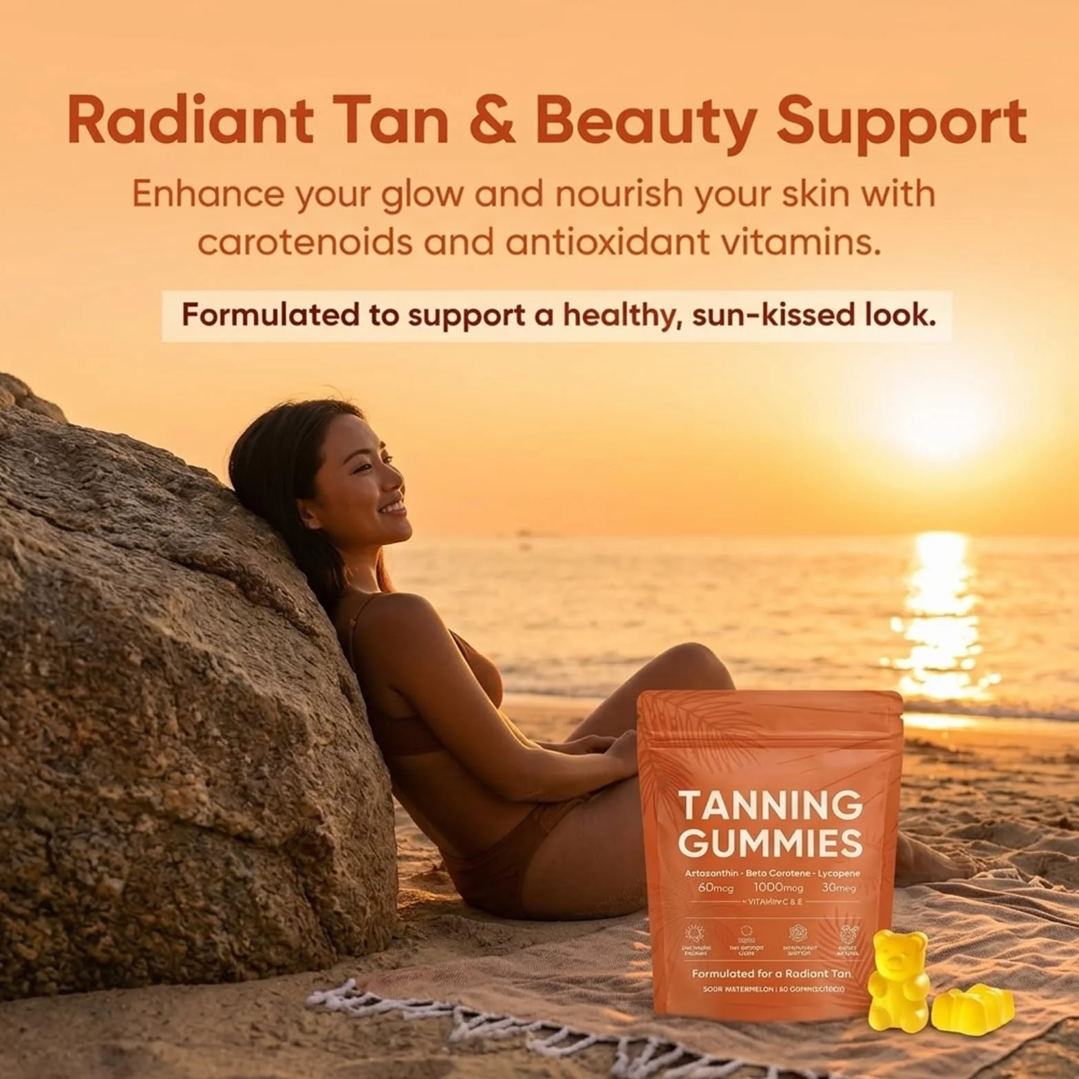 Gummies Abbronzanti da Donna, Tanning Gummies Women, Abbronzatura Rapida Senza Sole, Astaxantina, Miscela di Beta-Carotene e Licopene, Luminosità e Idratazione Della Pelle per un Bagliore Naturale (3)