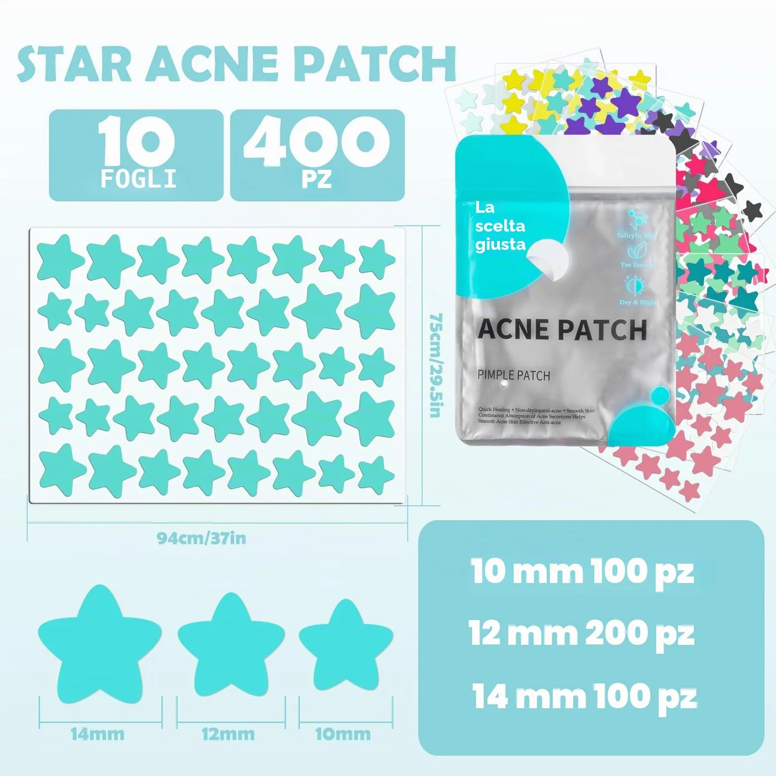 400 Pezzi pimple patch star, patch brufoli stelline Invisibile Naturale Hydrocolloid, cerotti per brufoli con olio dell'albero tè Acido Salicilico, acne patch Assorbenti Impermeabile e Traspirante