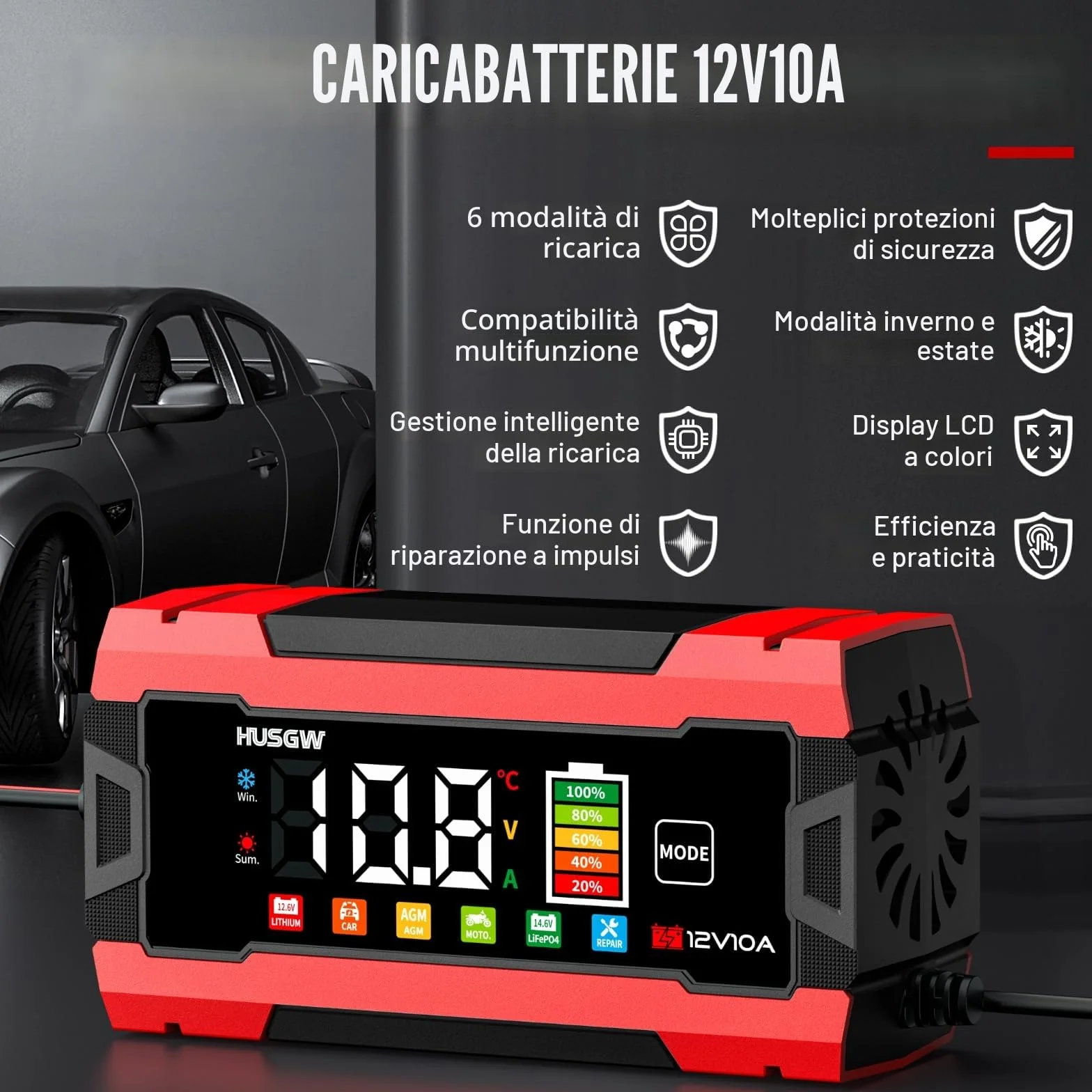 Caricabatterie LiFePO4 12V 10A per Auto Moto AGM GEL Wet SLA Rosso