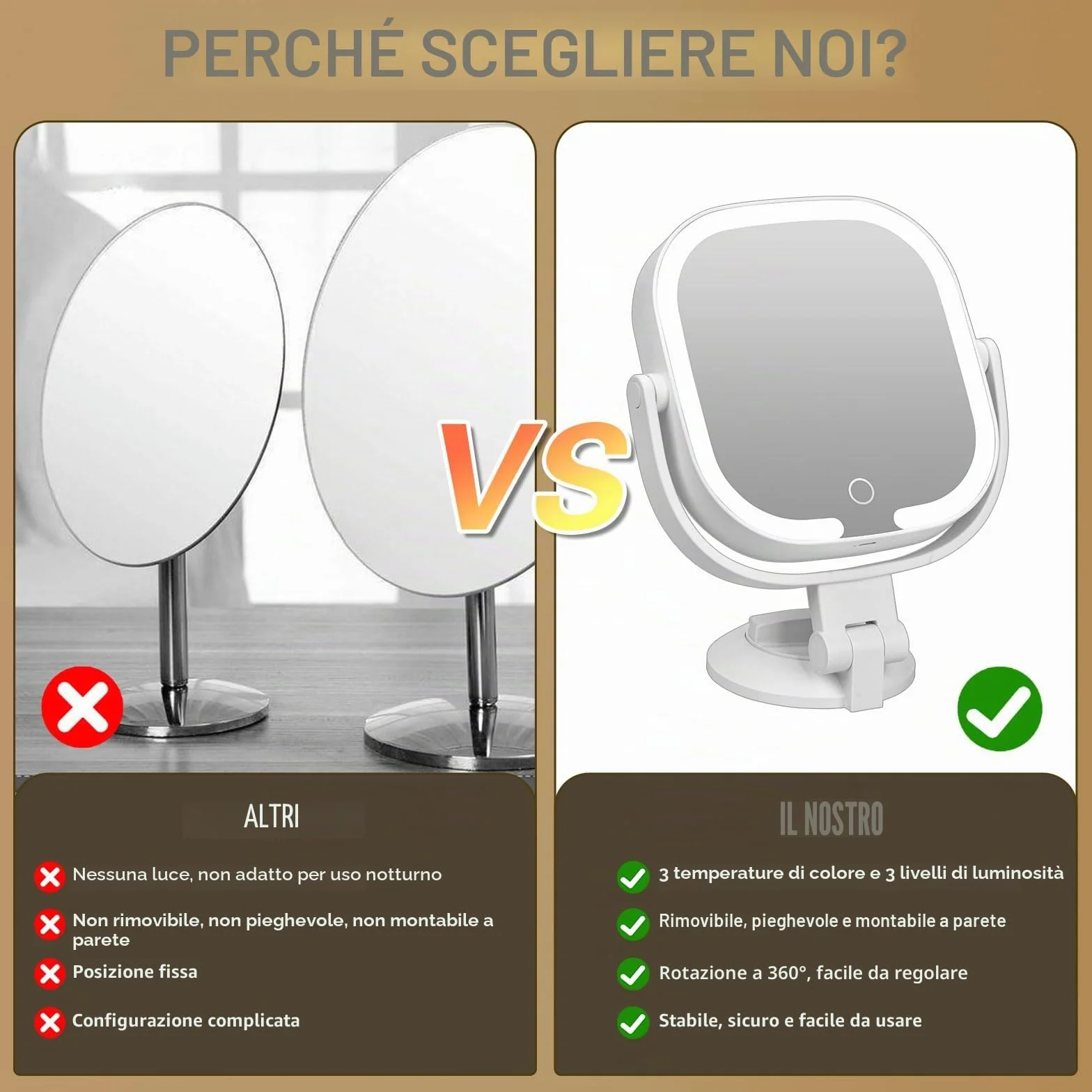 Specchio ingranditore con ventosa 30X/1X doppia faccia illuminazione 3 modalità regolabile per bagno viaggio