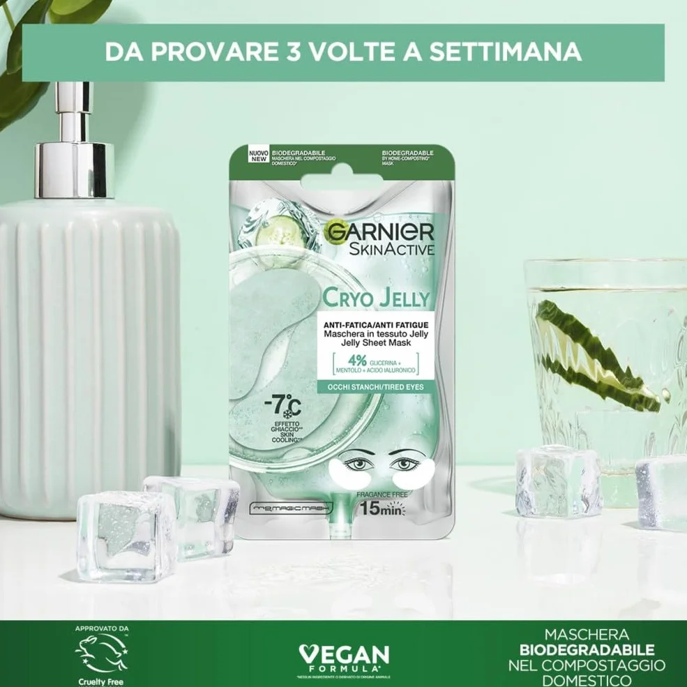 Garnier SkinActive Maschera Occhi Hyaluronic Cryo Jelly, Anti-Fatica con Acido Ialuronico, Mentolo e Glicerina, Formula Effetto Ghiaccio, 5 g