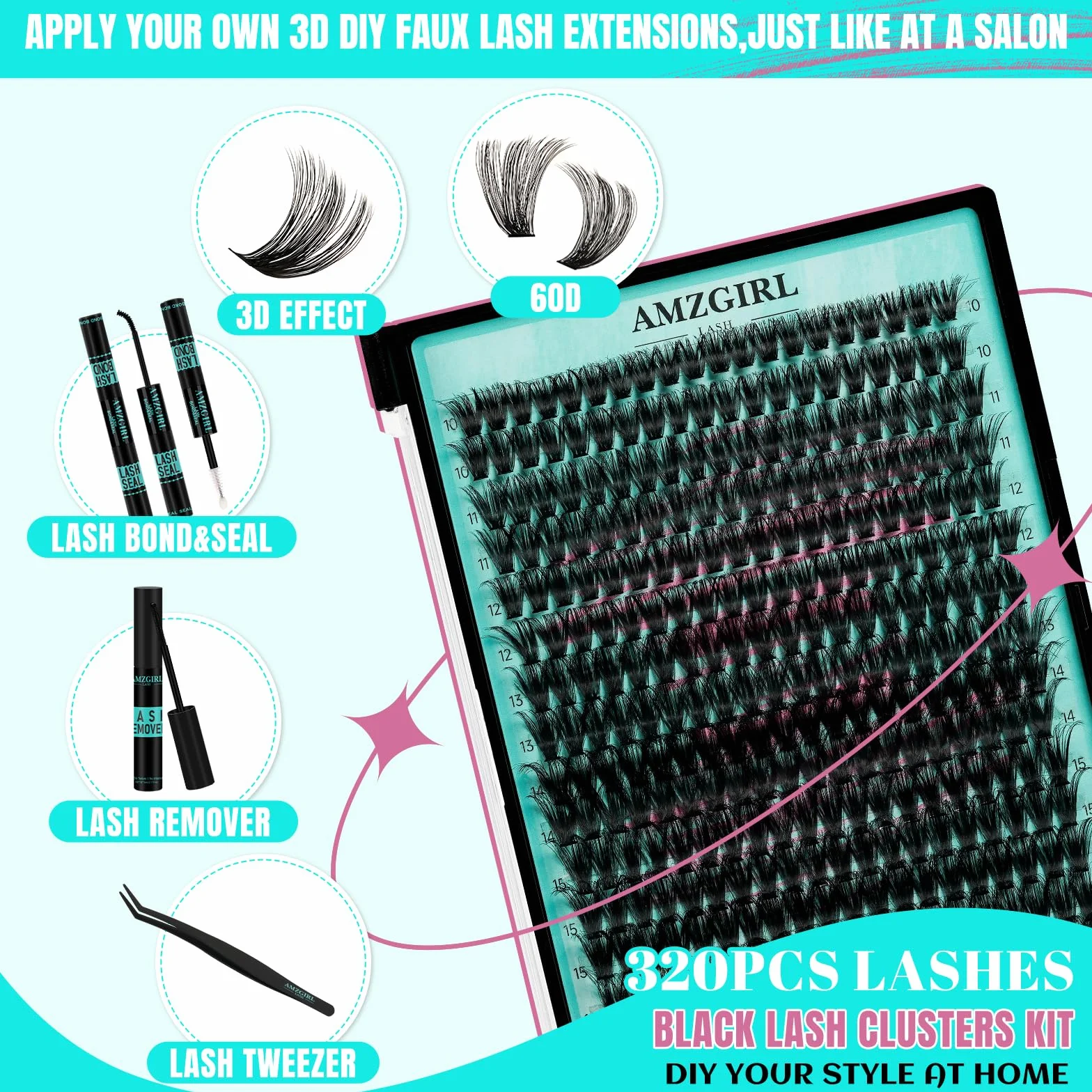 Kit Ciglia Extension 320 pezzi Cluster Lashes colla sigillante applicatore rimozione 60D D-Mix10-16mm