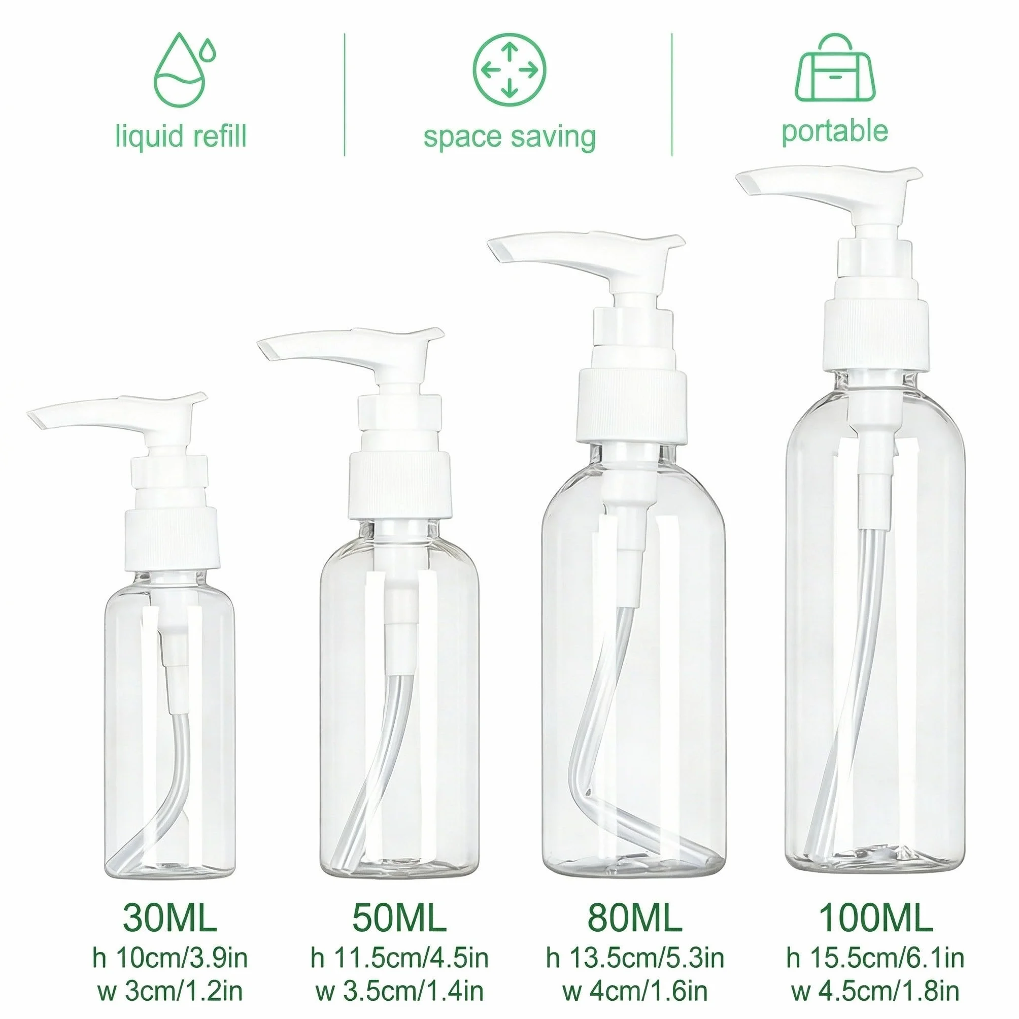 4 Pezzi dispenser per crema, 30ml, 50 ml, 80 ml, 100 ml, Trasparente enza senz'aria Flaconi da Viaggio, Boccette Contenitori Ricaricabile Con 3 imbuti, per Cosmetici, Lozione, Bagno, Shampoo Liquidi