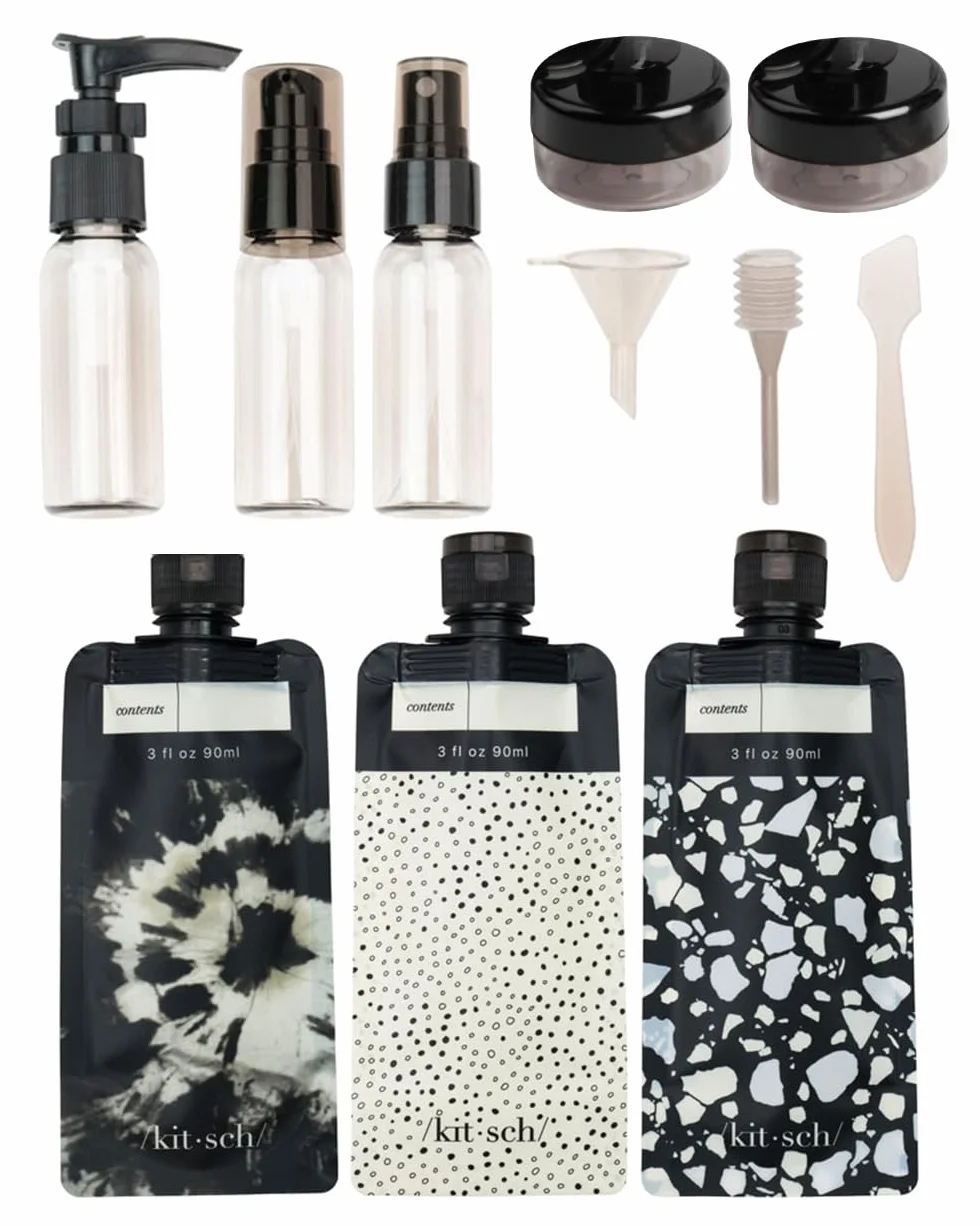 Kitsch Set da Viaggio 11 Pezzi per Toiletries – Kit Essenziale per Shampoo, Balsamo, Lozione e Altro, Contenitori Ricaricabili da Viaggio a Prova di Perdite – Nero & Avorio