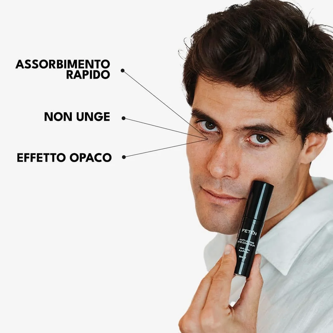 FETEN Contorno Occhi Uomo - Crema Antiocchiaie per occhiaie scure e borse effetto immediato, Siero Antirughe con Vitamina C per palpebre cadenti, Trattamento Schiarente 15ml (Confezione da 2)