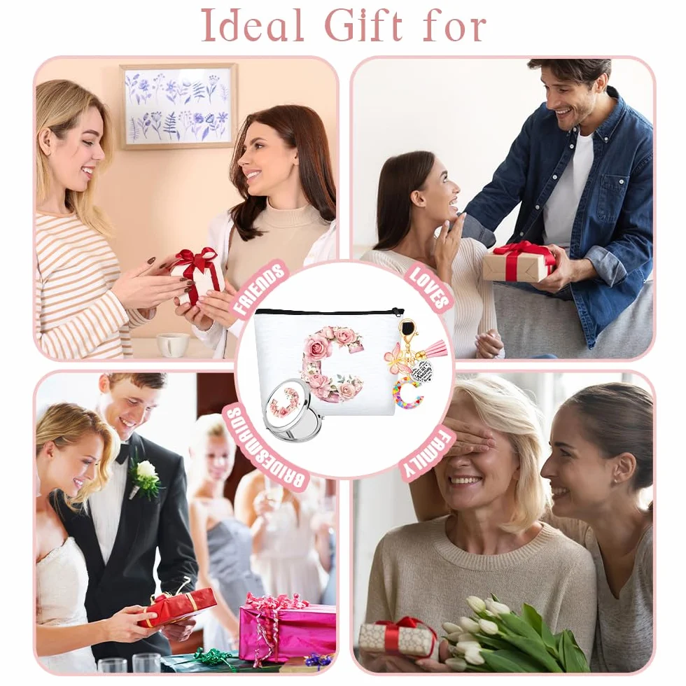 WALLFID Pochette Personalizzata con Lettere, Pochette da Make-up con Specchio & Portachiavi Motivazionale, Iniziali A–Z, Ideale come Regalo per Ragazze, Donne & Testimoni di Nozze (C)