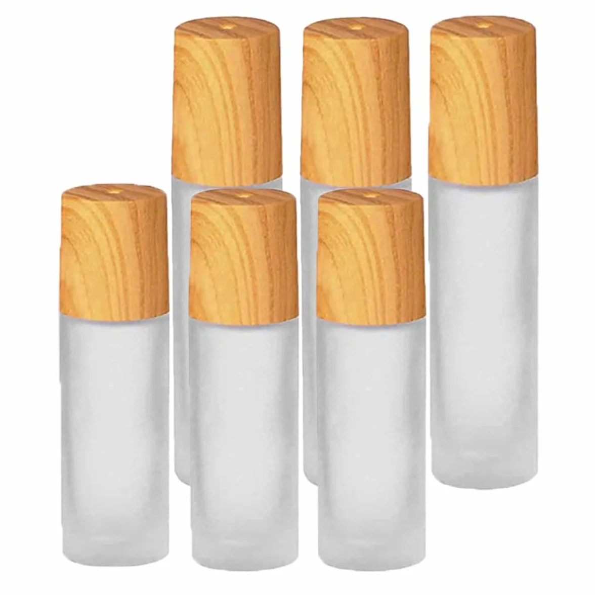 LEEQ 6Pcs Roll-on Bottles Riutilizzabile - Bottiglie di Rullo, Contenitori in Vetro con Sfere in Acciaio Inossidabile e Coperchio di bambù Imitazione per Olio Essenziale Profumi Balsami per Labbra