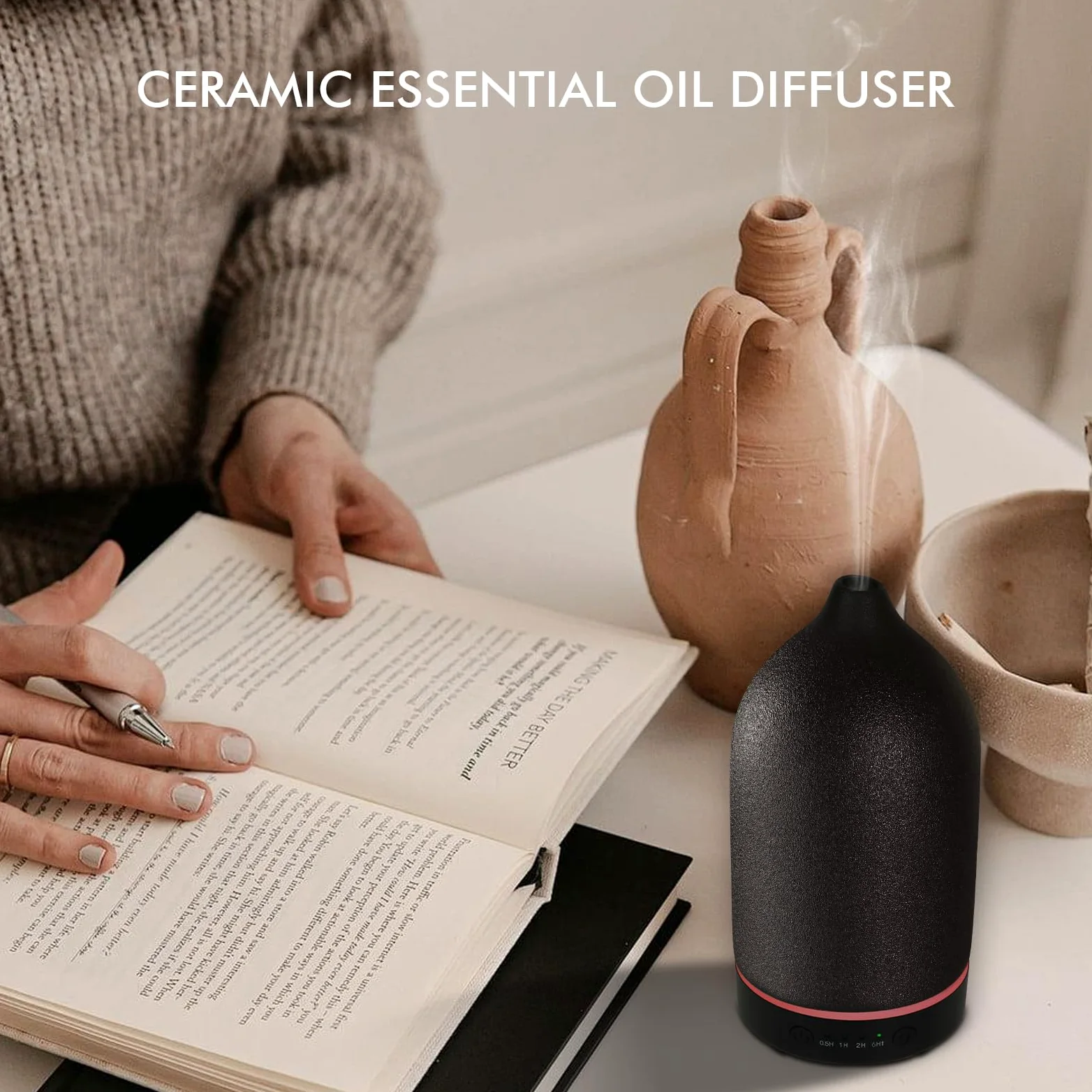 Diffusore di oli essenziali in ceramica, diffusore per aromaterapia da 150 ml, per oli essenziali, con timer e luce LED a 7 colori, diffusore di aromi ad ultrasuoni, con spegnimento automatico