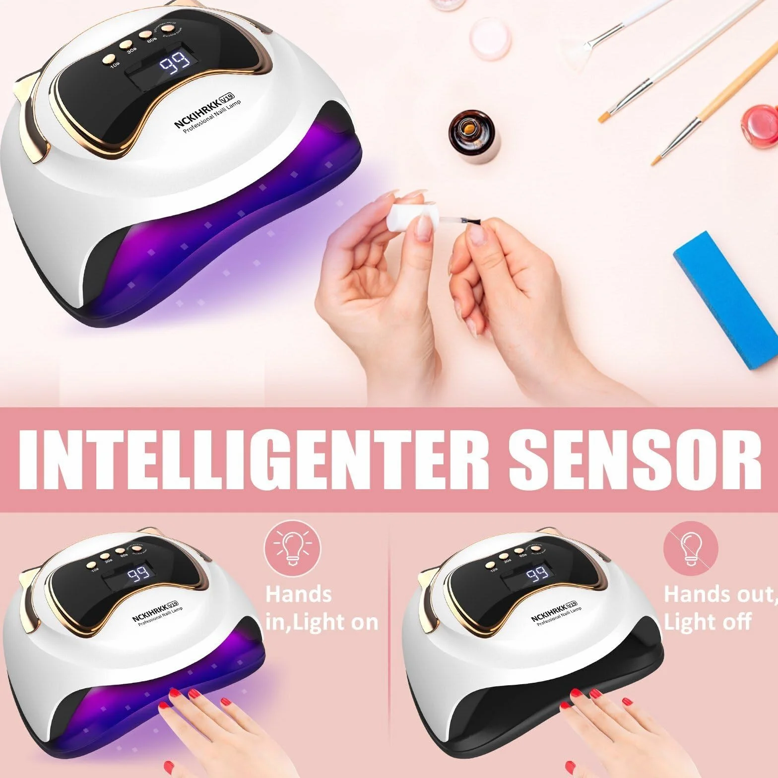Lampada UV LED Unghie 180W, Maniglia a Orecchio di Gatto Professionale Fornetto Unghie Semipermanente con 4 Timer, Pannello LCD, Automatico Sensore con Mini Lampada UV Unghie, Casa e Salone