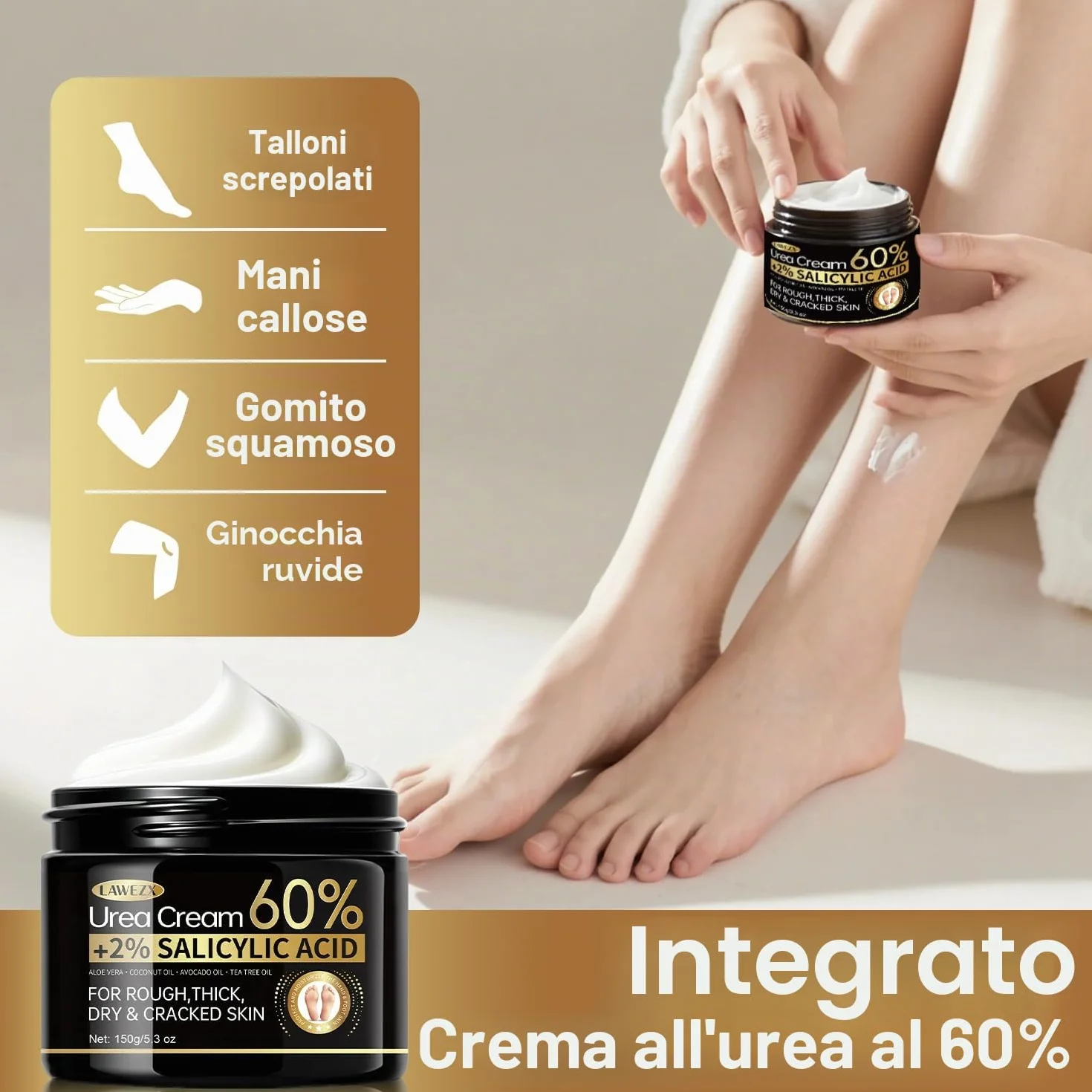 Crema Urea per Piedi e Mani, Crema Piedi Urea 60% con Acido Salicilico 2%, per Mani, Talloni, Gomiti e Ginocchia, Un'idratazione Profonda, Screpolati Rimozione e Ammorbidimento Dei Calli, 150g